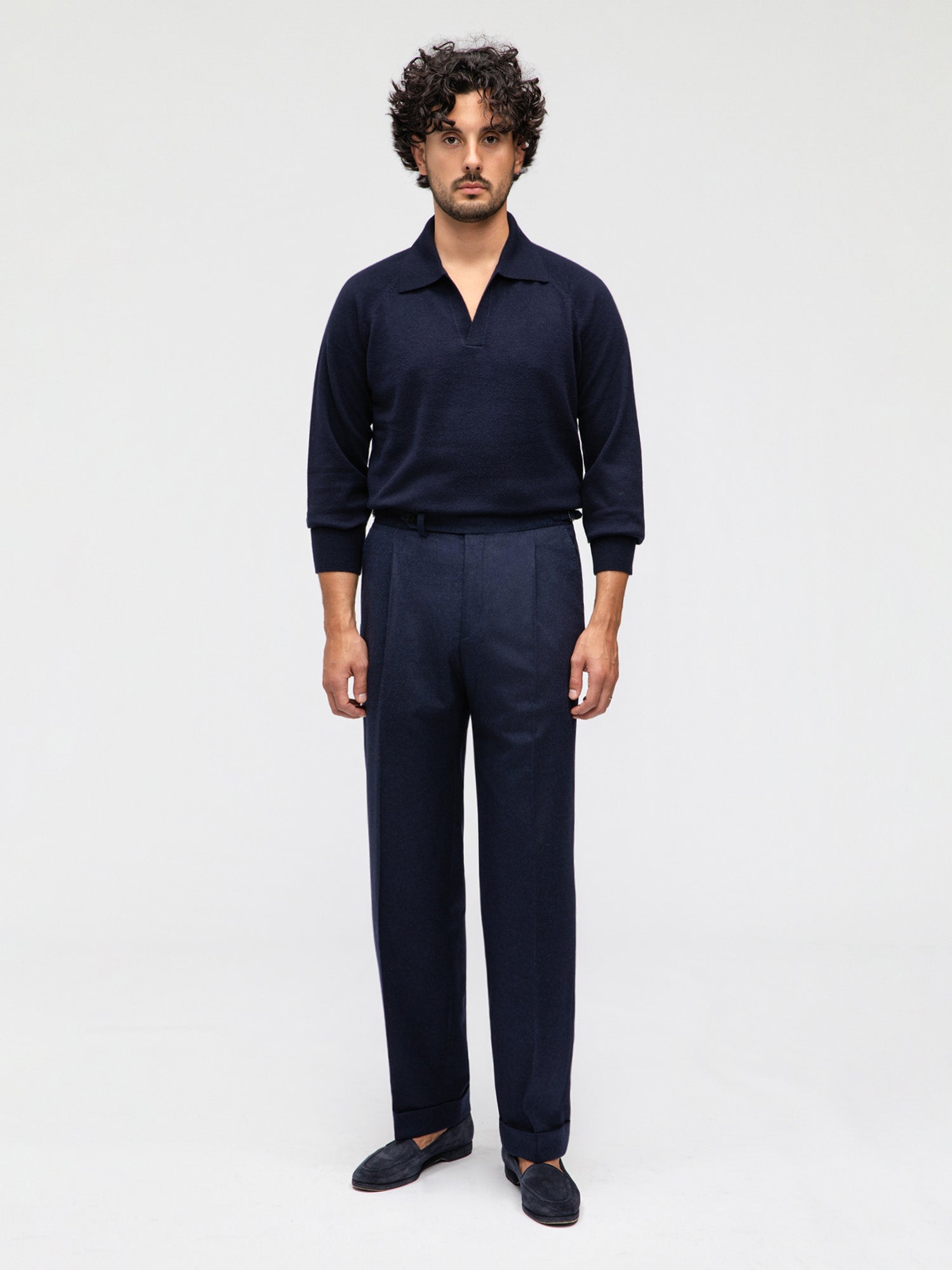 Navy Flannel Wool Trousers (Straight Fit) - Grand Le Mar