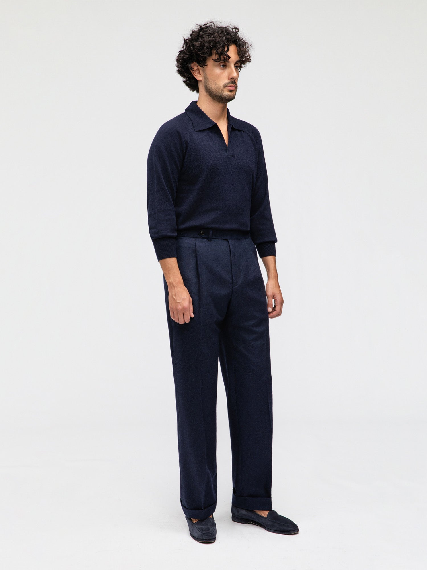 Navy Flannel Wool Trousers (Straight Fit) - Grand Le Mar