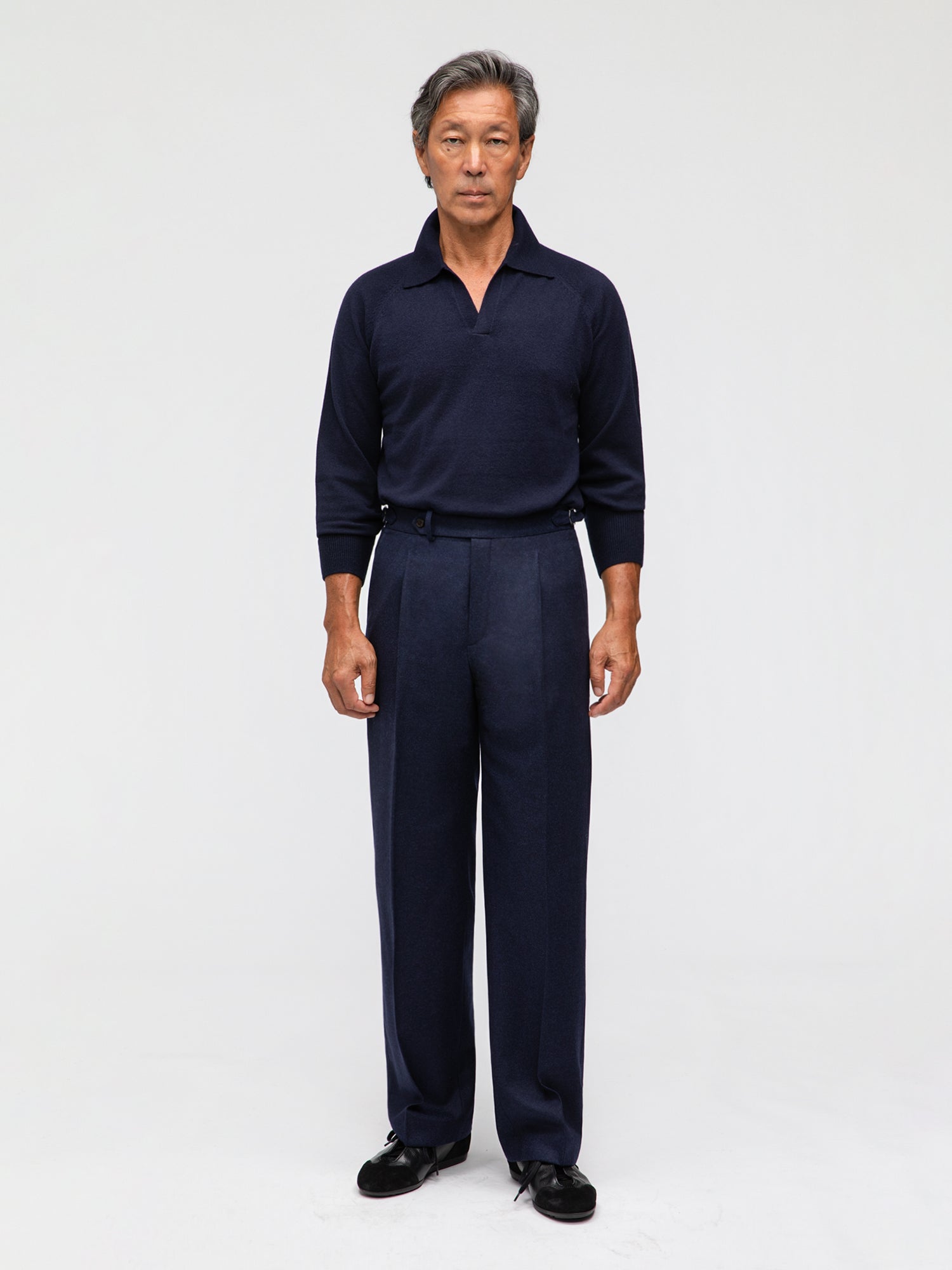 Navy Flannel Wool Trousers (Wide Fit) - Grand Le Mar
