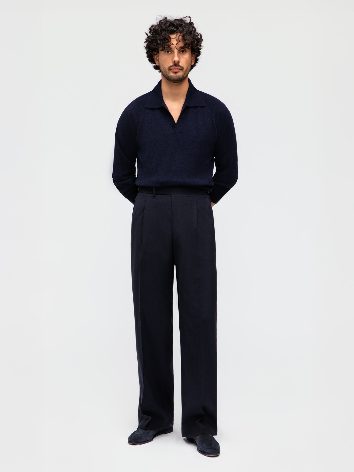 Navy High Twist Wool Trousers (Wide Fit)