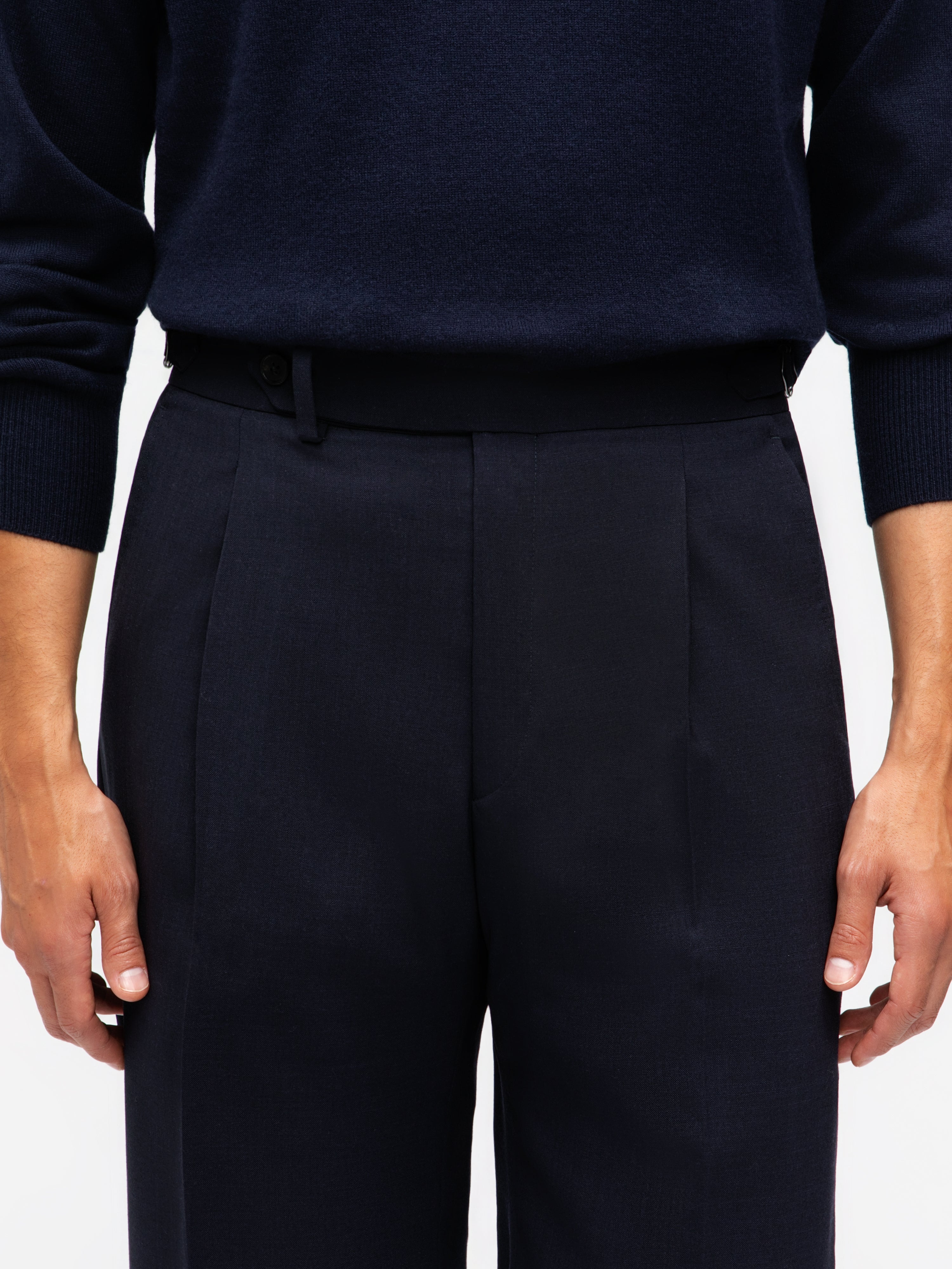 Navy High Twist Wool Trousers (Wide Fit)