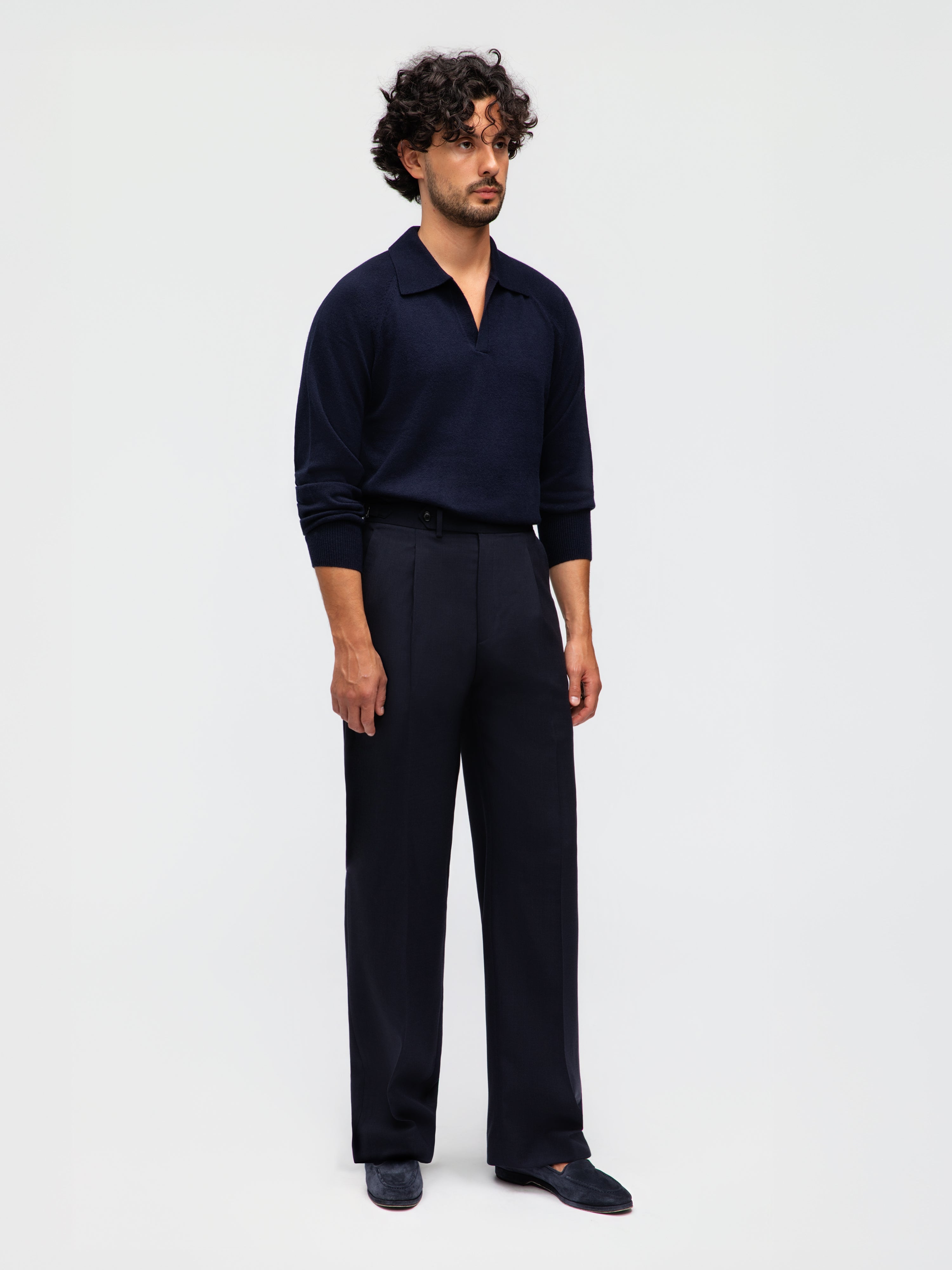 Navy High Twist Wool Trousers (Wide Fit)