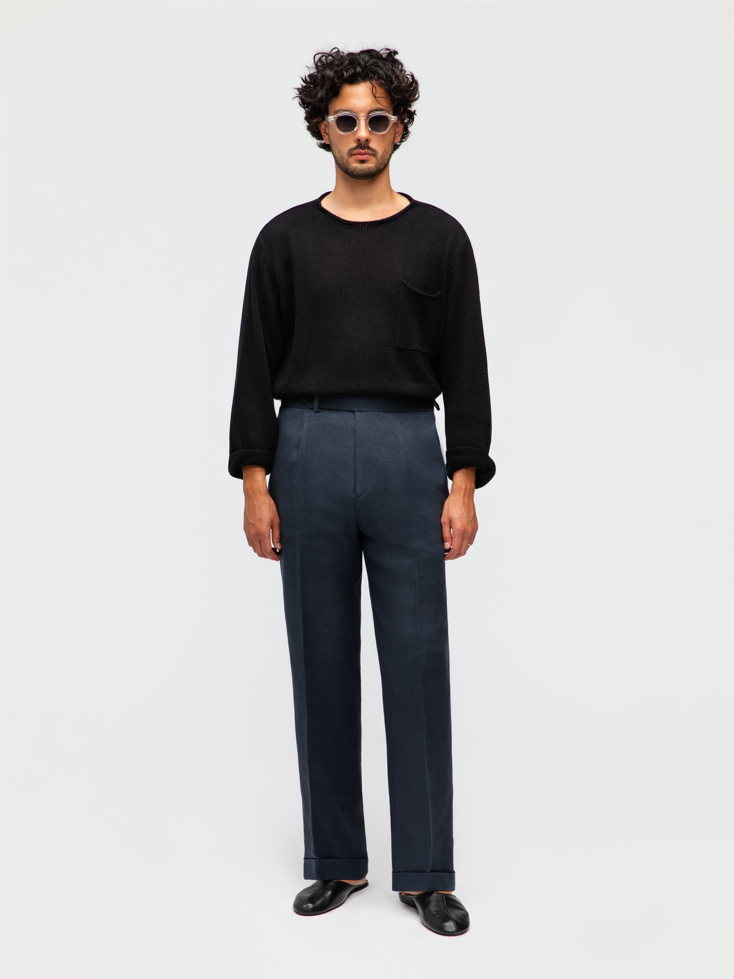 Navy Linen Trousers  (Straight Fit)