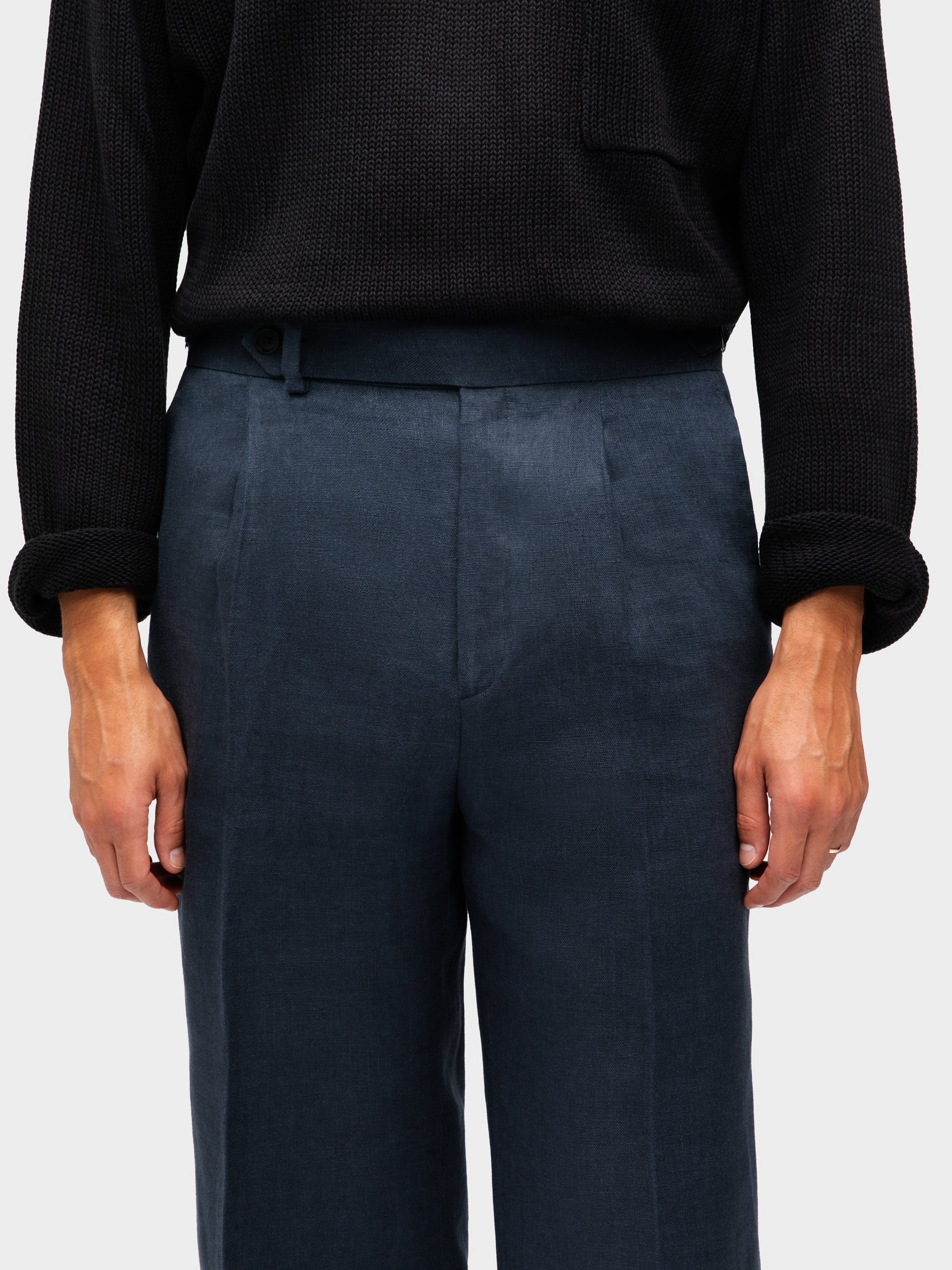 Navy Linen Trousers  (Straight Fit)