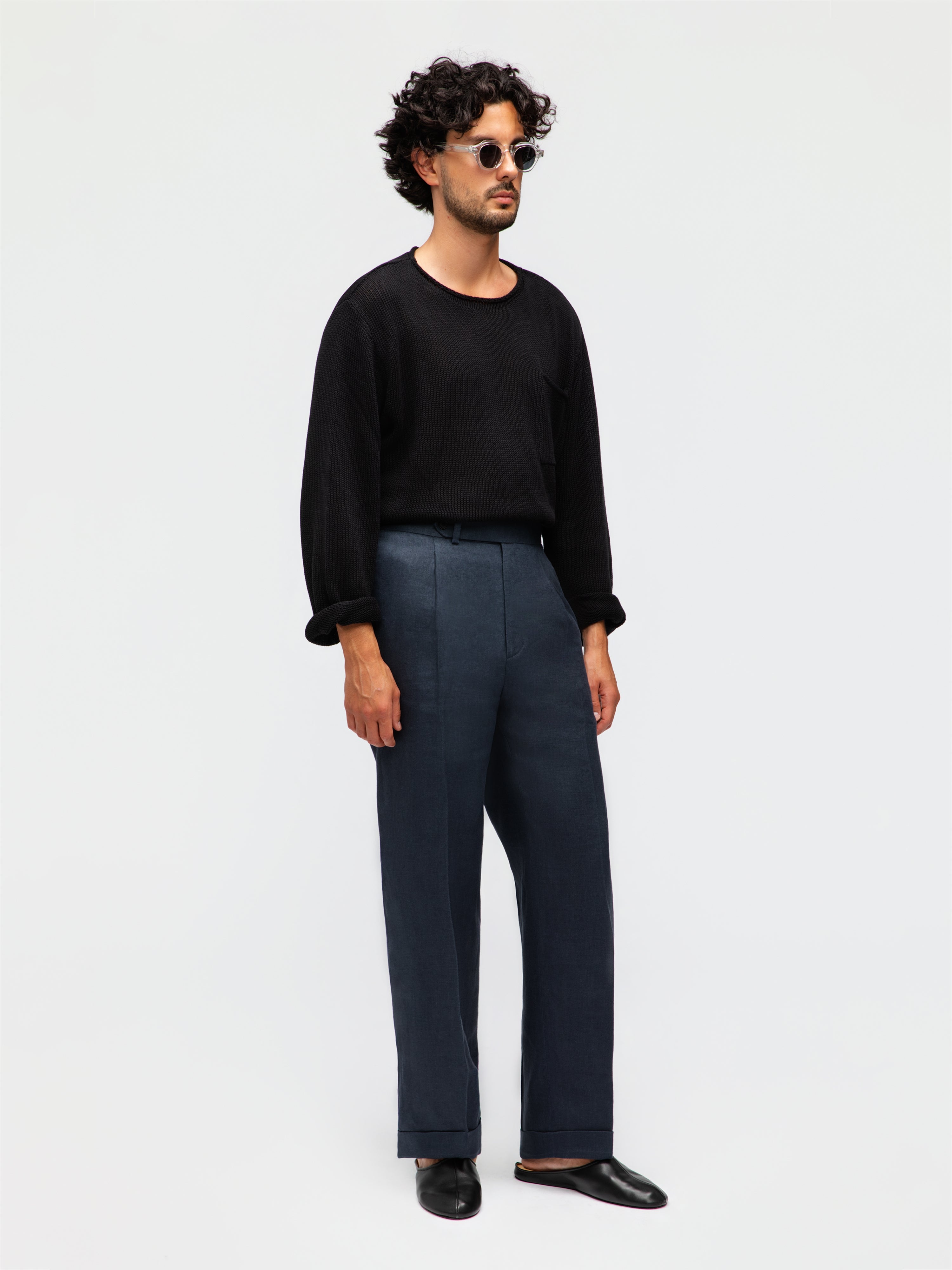 Navy Linen Trousers  (Straight Fit)