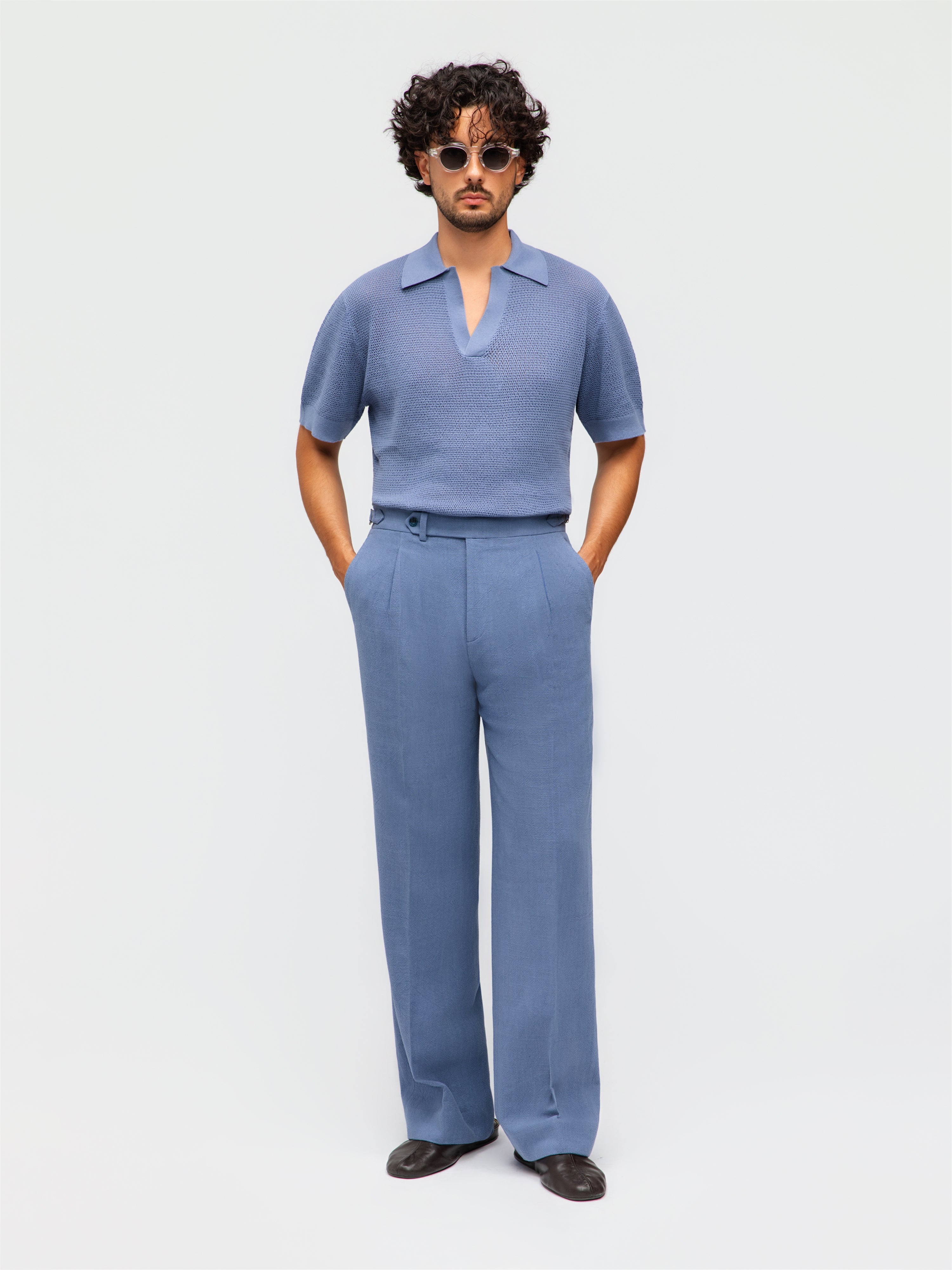 Denim Stonewashed Linen Trousers (Wide Fit)