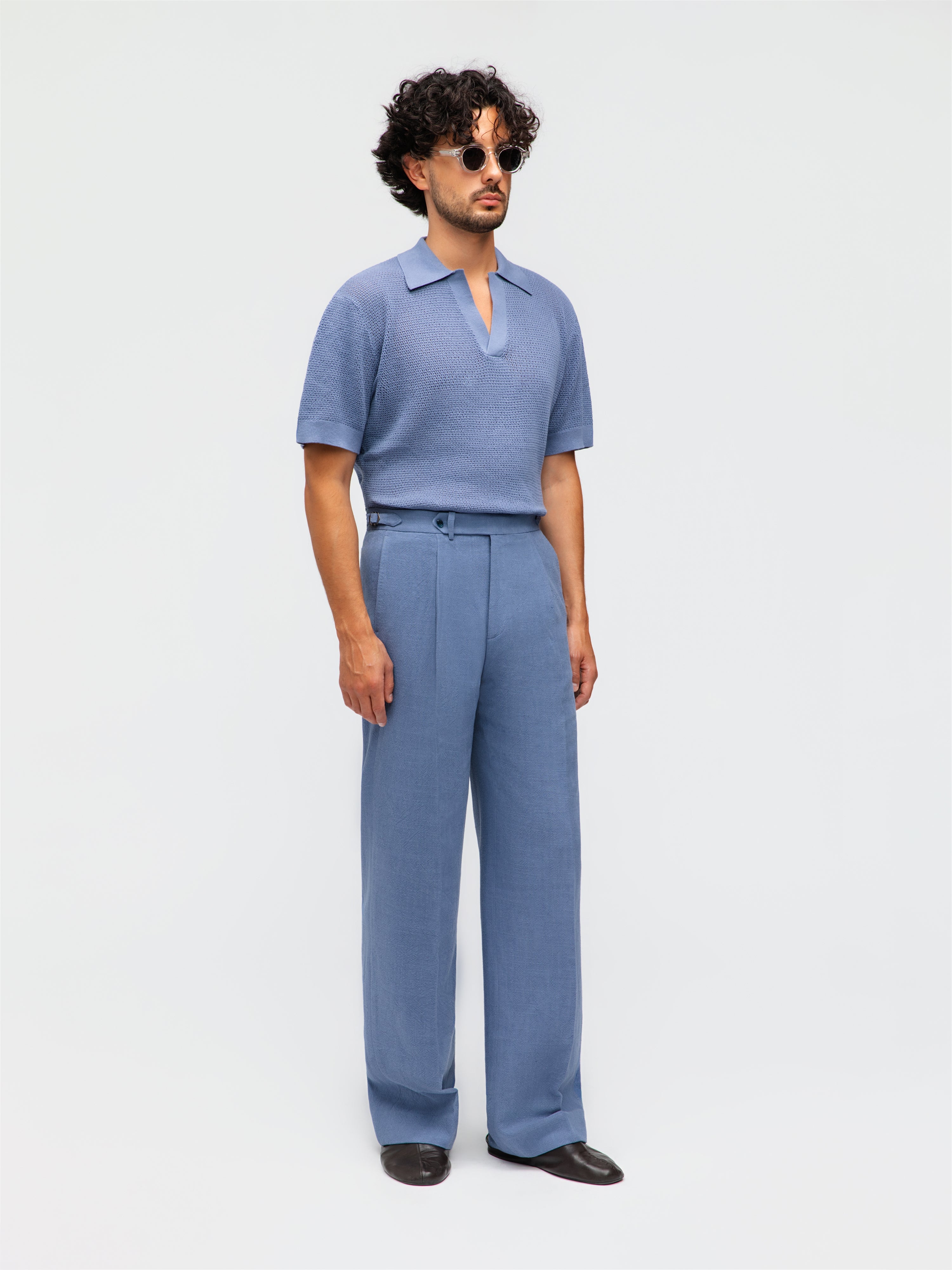 Denim Stonewashed Linen Trousers (Wide Fit)