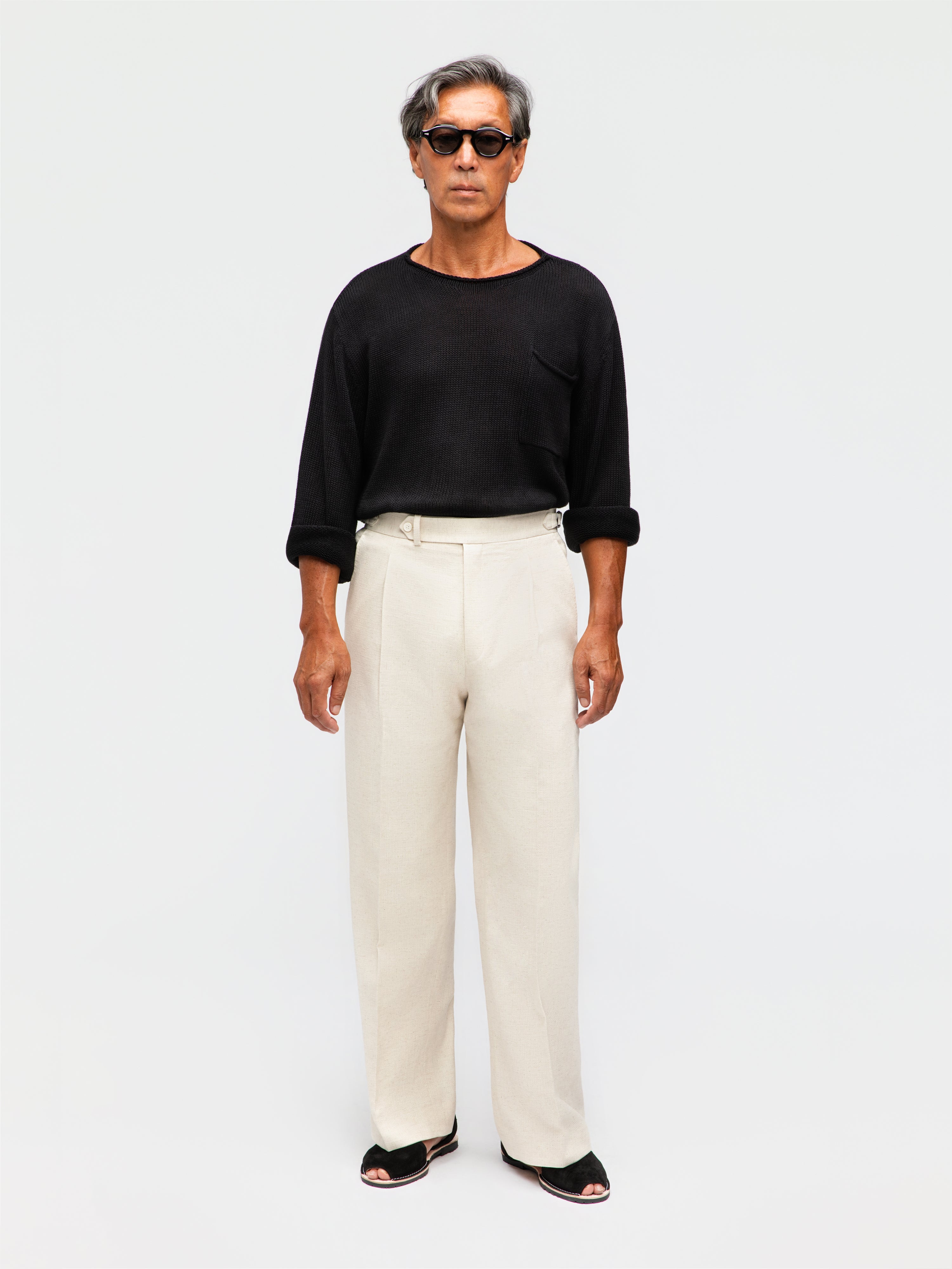 Oatmeal Cotton Linen Trousers (Wide Fit)