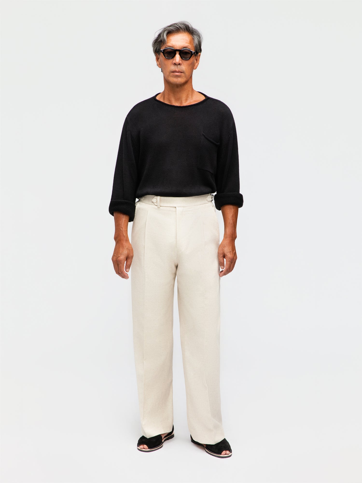 Oatmeal Cotton Linen Trousers (Wide Fit)