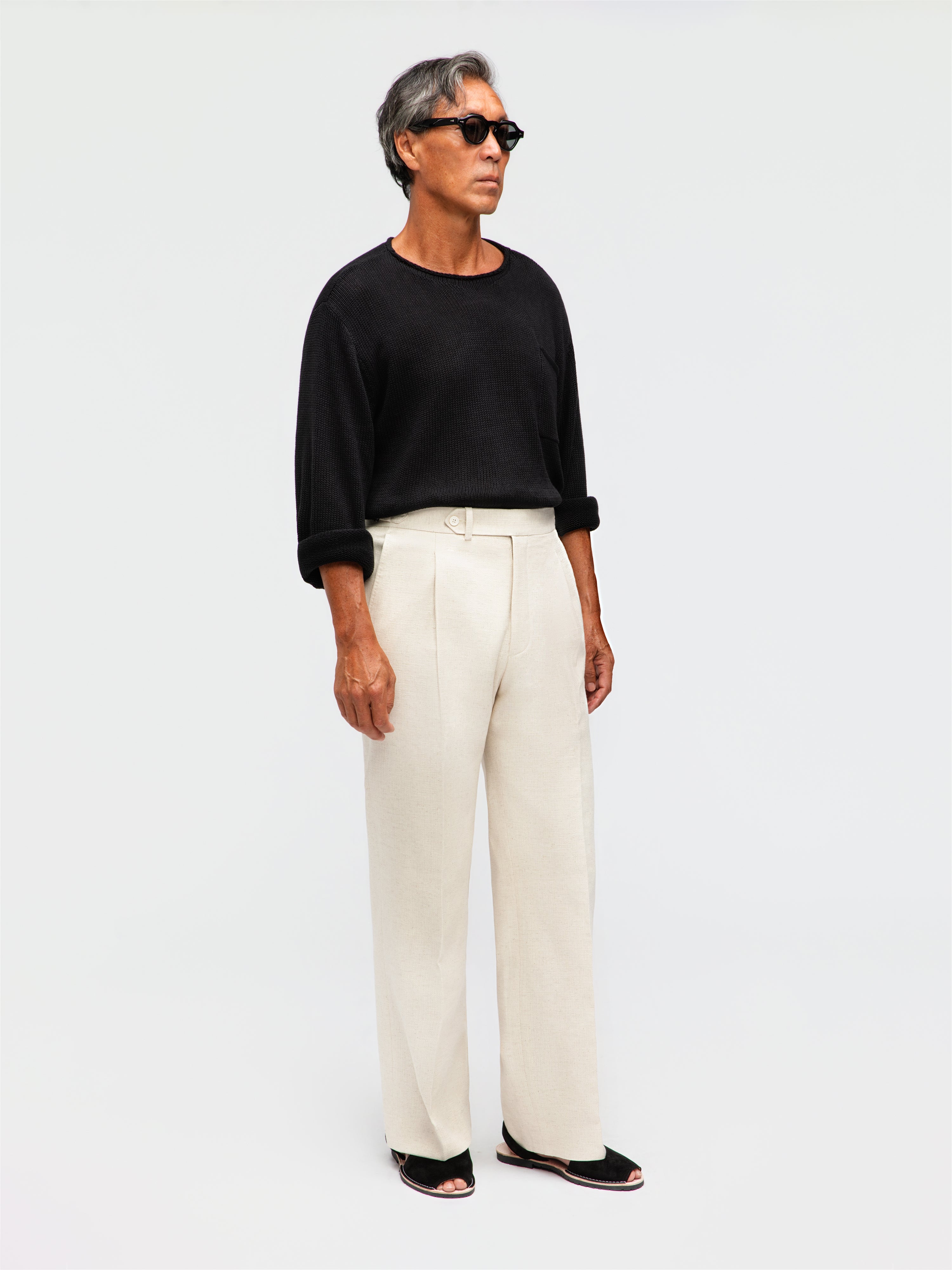 Oatmeal Cotton Linen Trousers (Wide Fit)