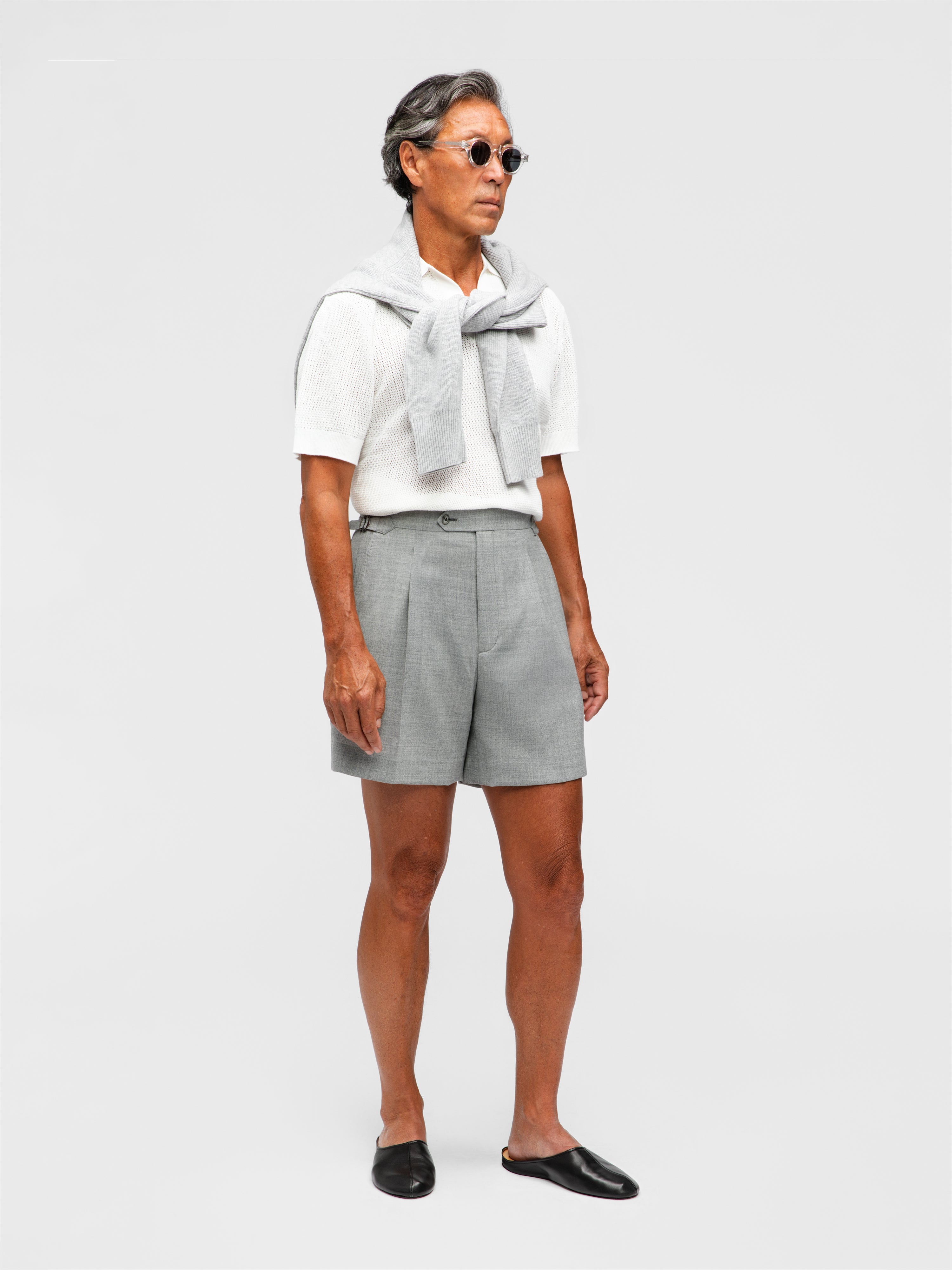 Light Grey High Twist Wool Shorts (Wide Fit)
