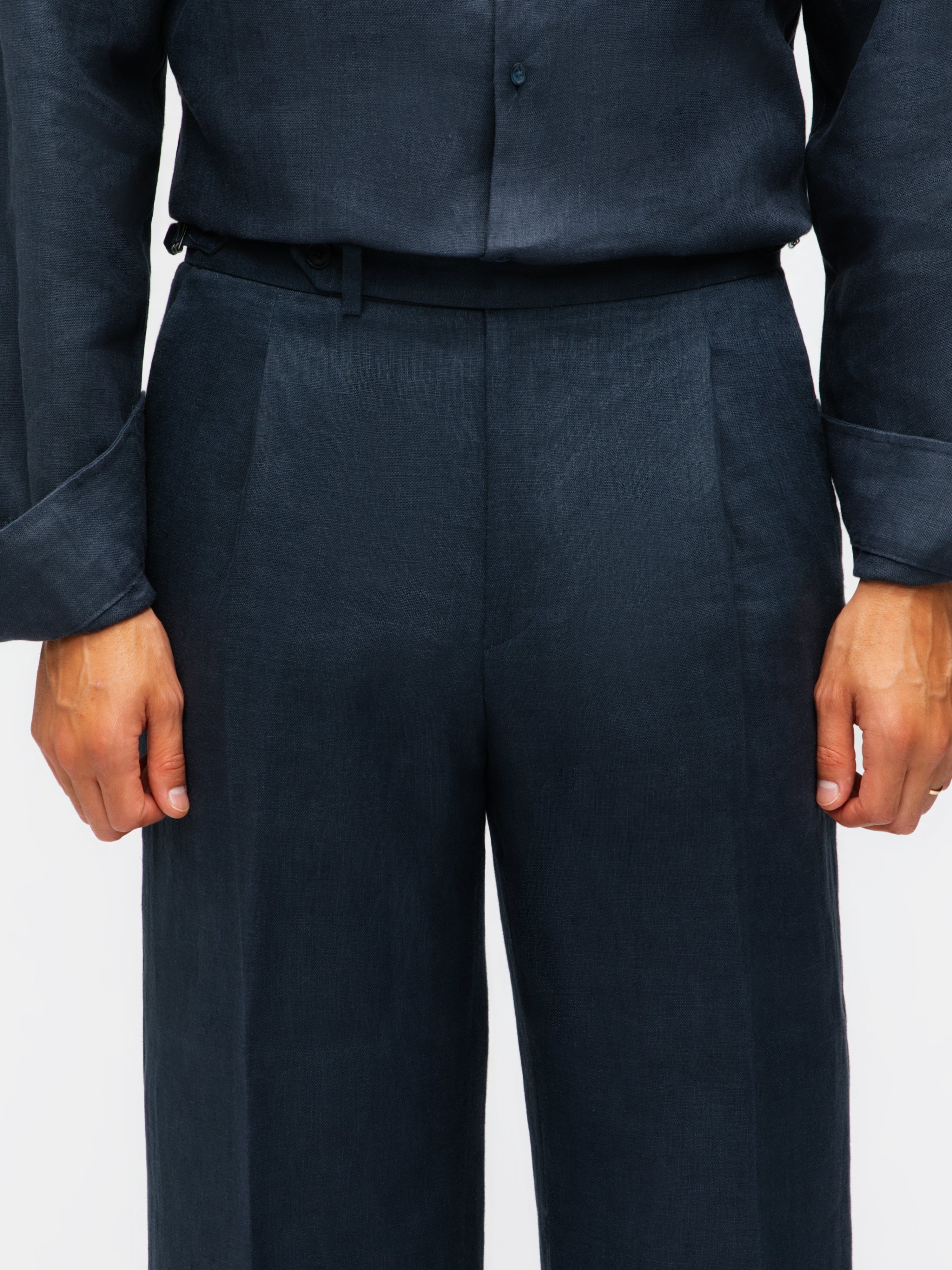 Navy Linen Trousers (Wide Fit)