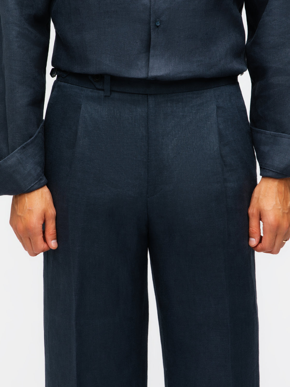 Navy Linen Trousers (Wide Fit)
