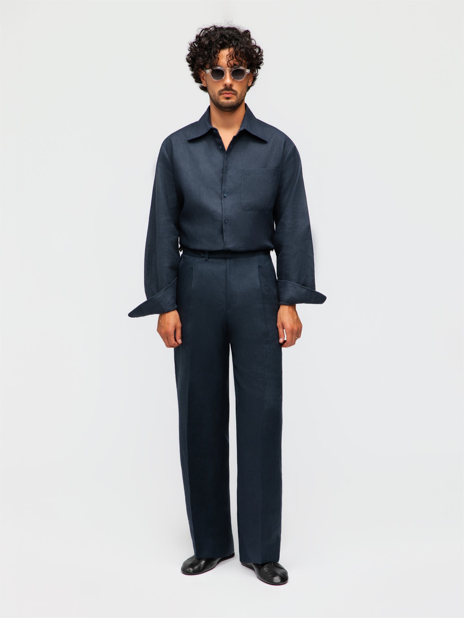 Navy Linen Trousers (Wide Fit)