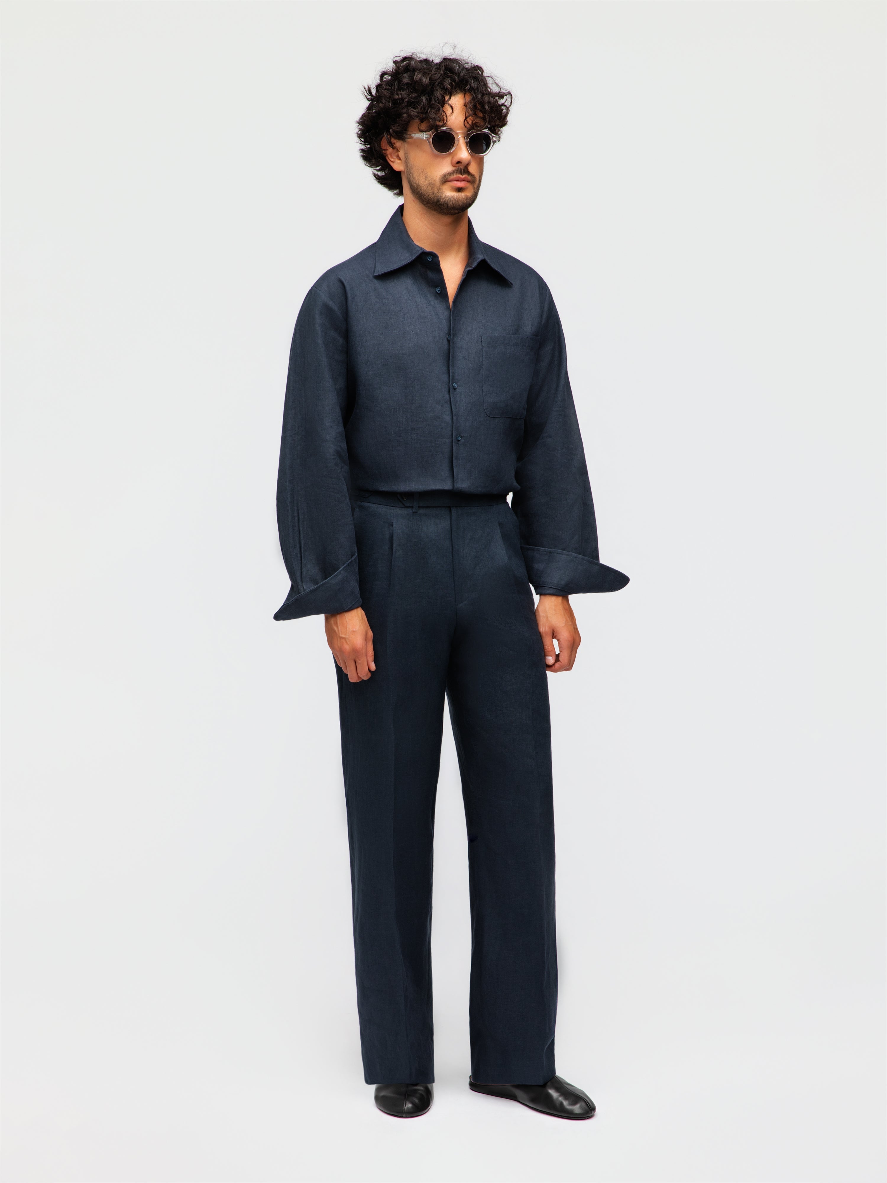 Navy Linen Trousers (Wide Fit)