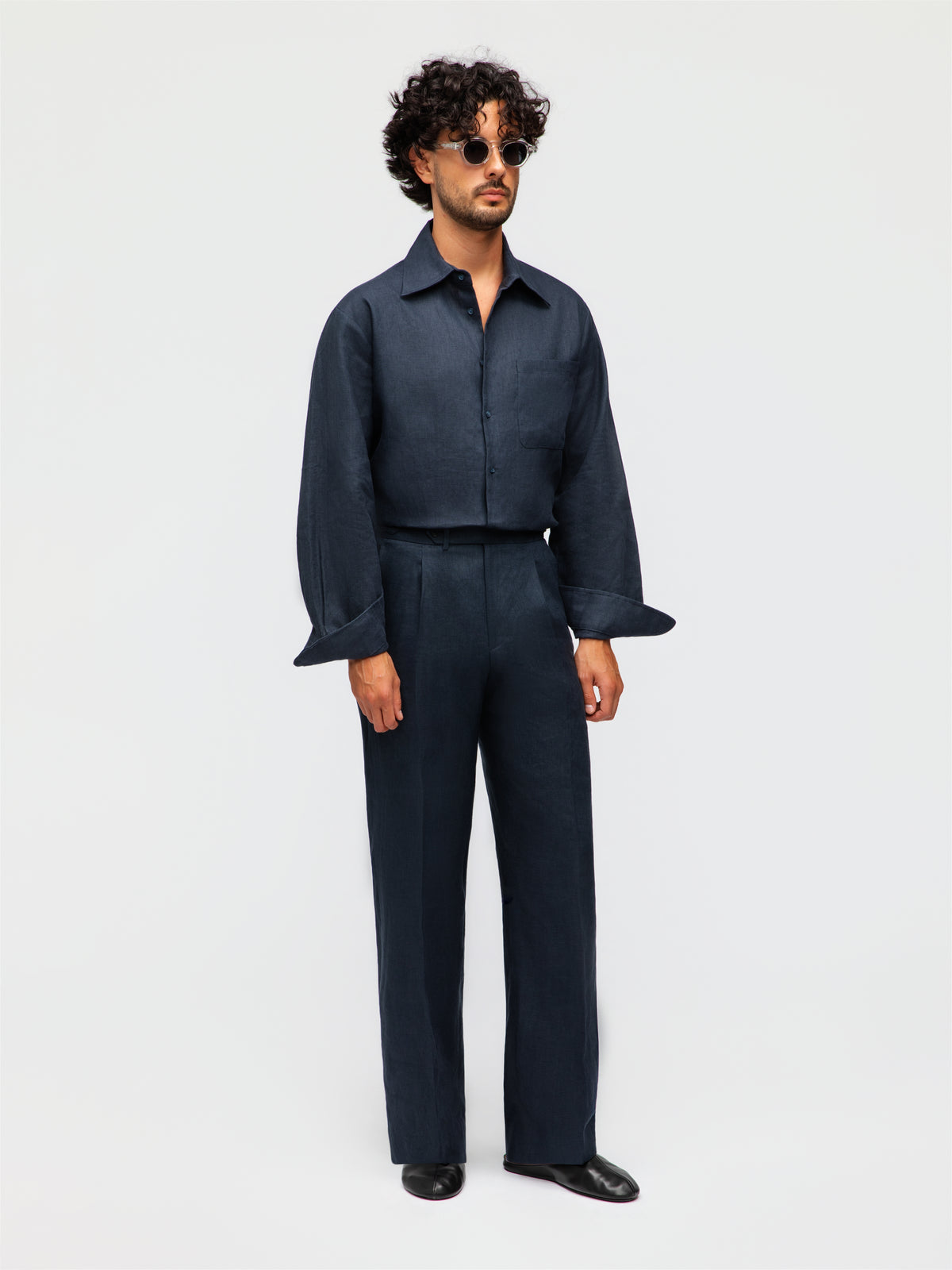 Navy Linen Trousers (Wide Fit)