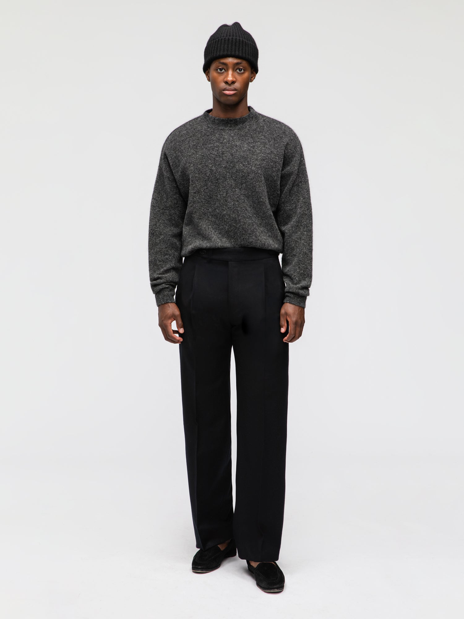 Black Flannel Wool Trousers (Wide Fit) - Grand Le Mar