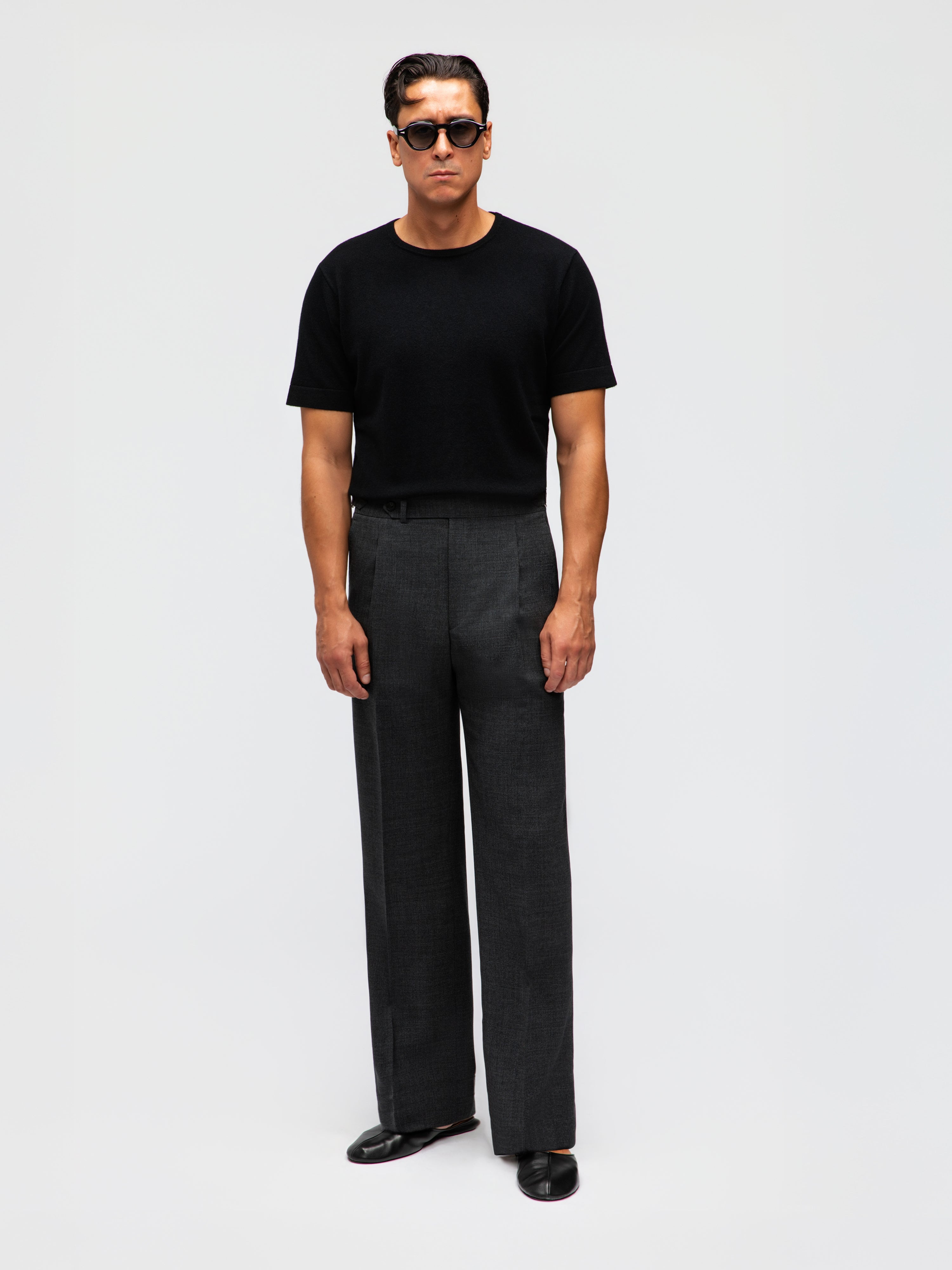 Charcoal High Twist Wool Trousers (Wide Fit)