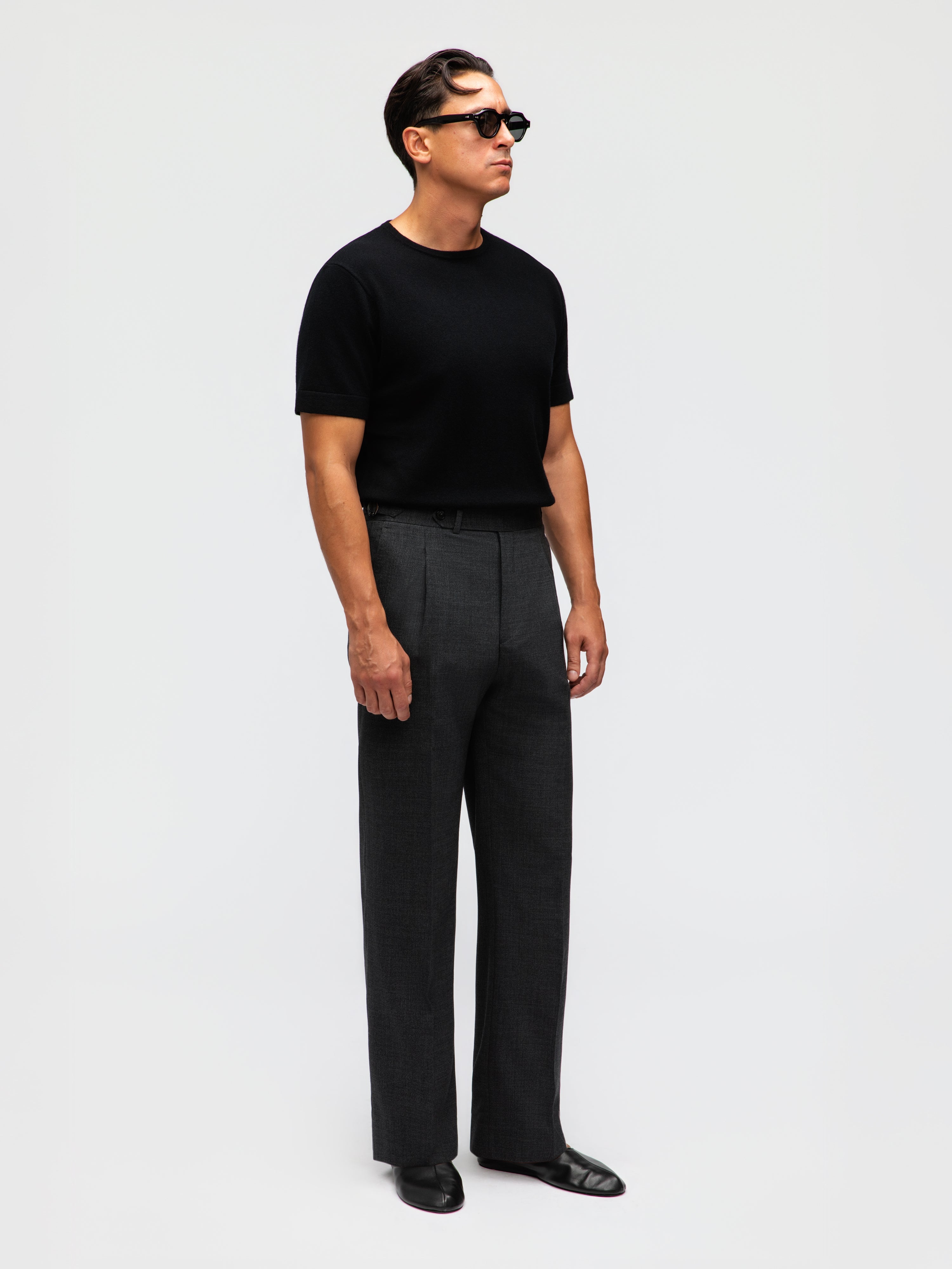 Charcoal High Twist Wool Trousers (Wide Fit)