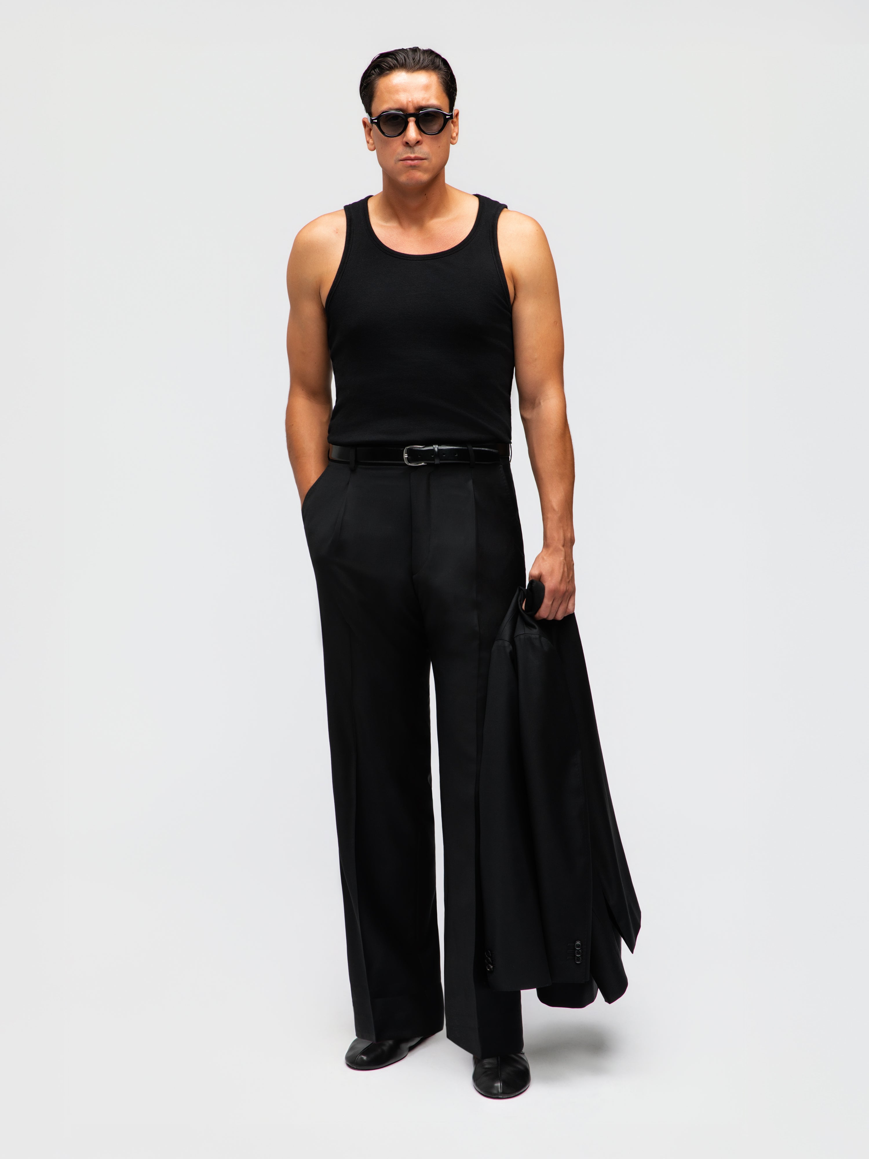 Black Wool Belt Trousers  (Wide Fit)