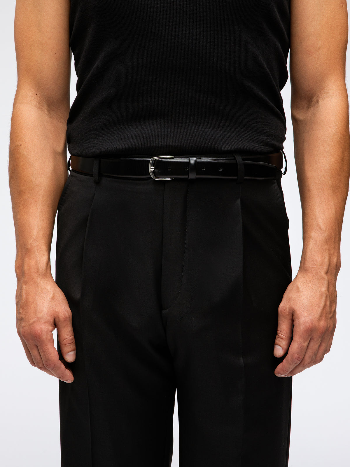 Black Wool Belt Trousers  (Wide Fit)
