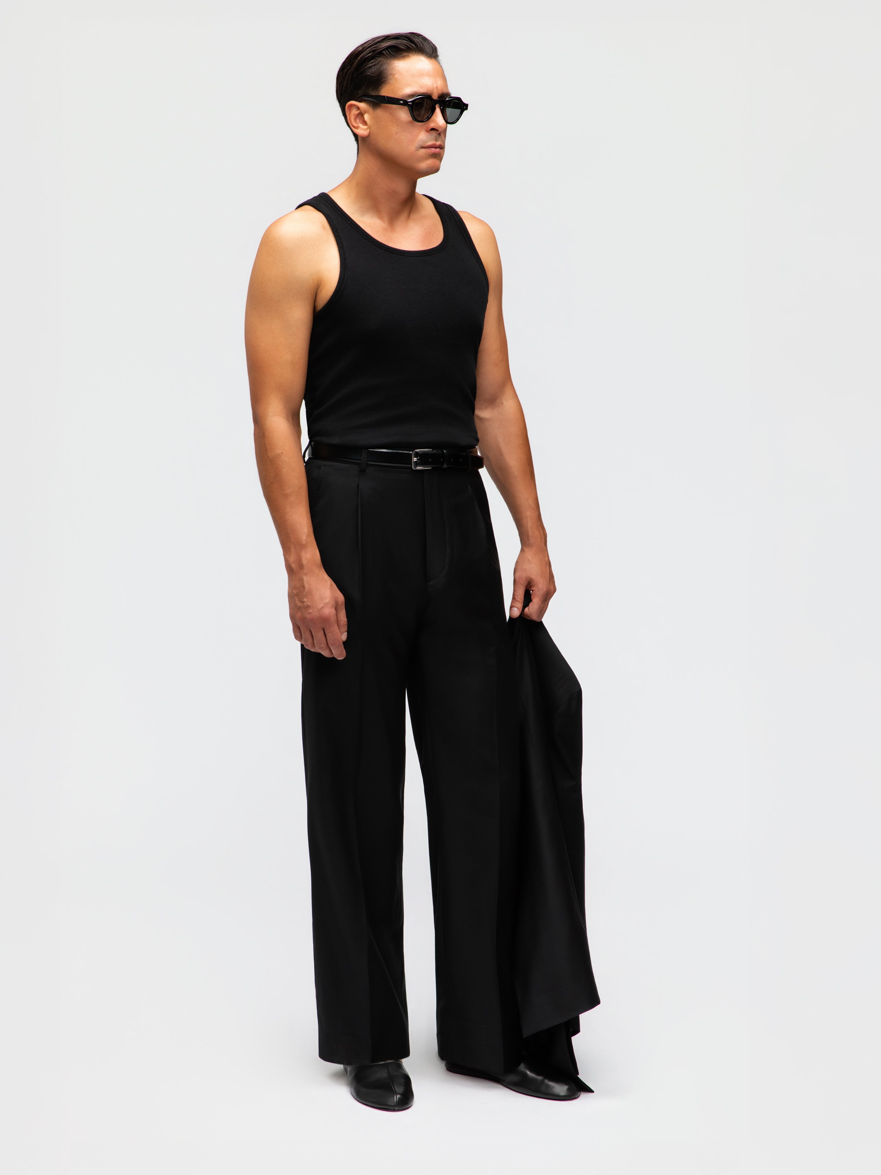 Black Wool Belt Trousers  (Wide Fit)