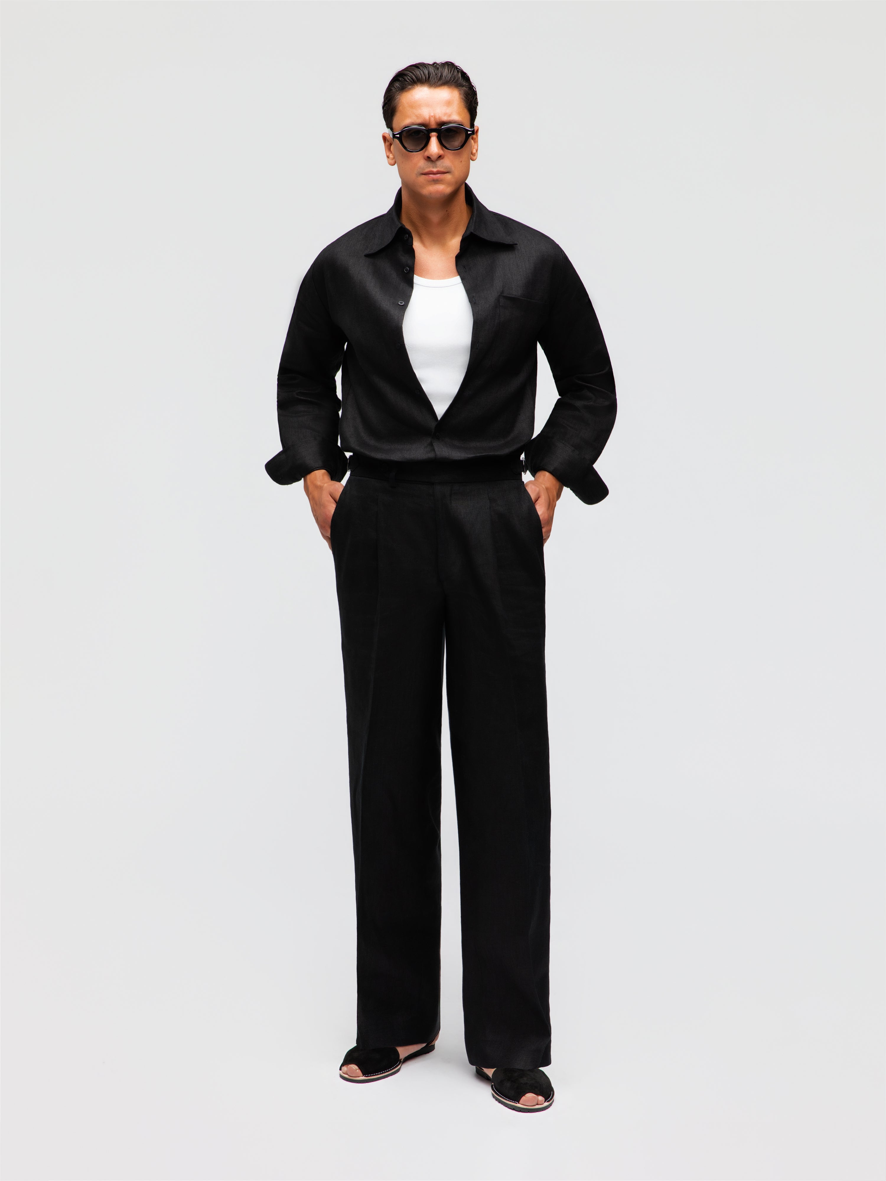 Black Linen Trousers (Wide Fit)