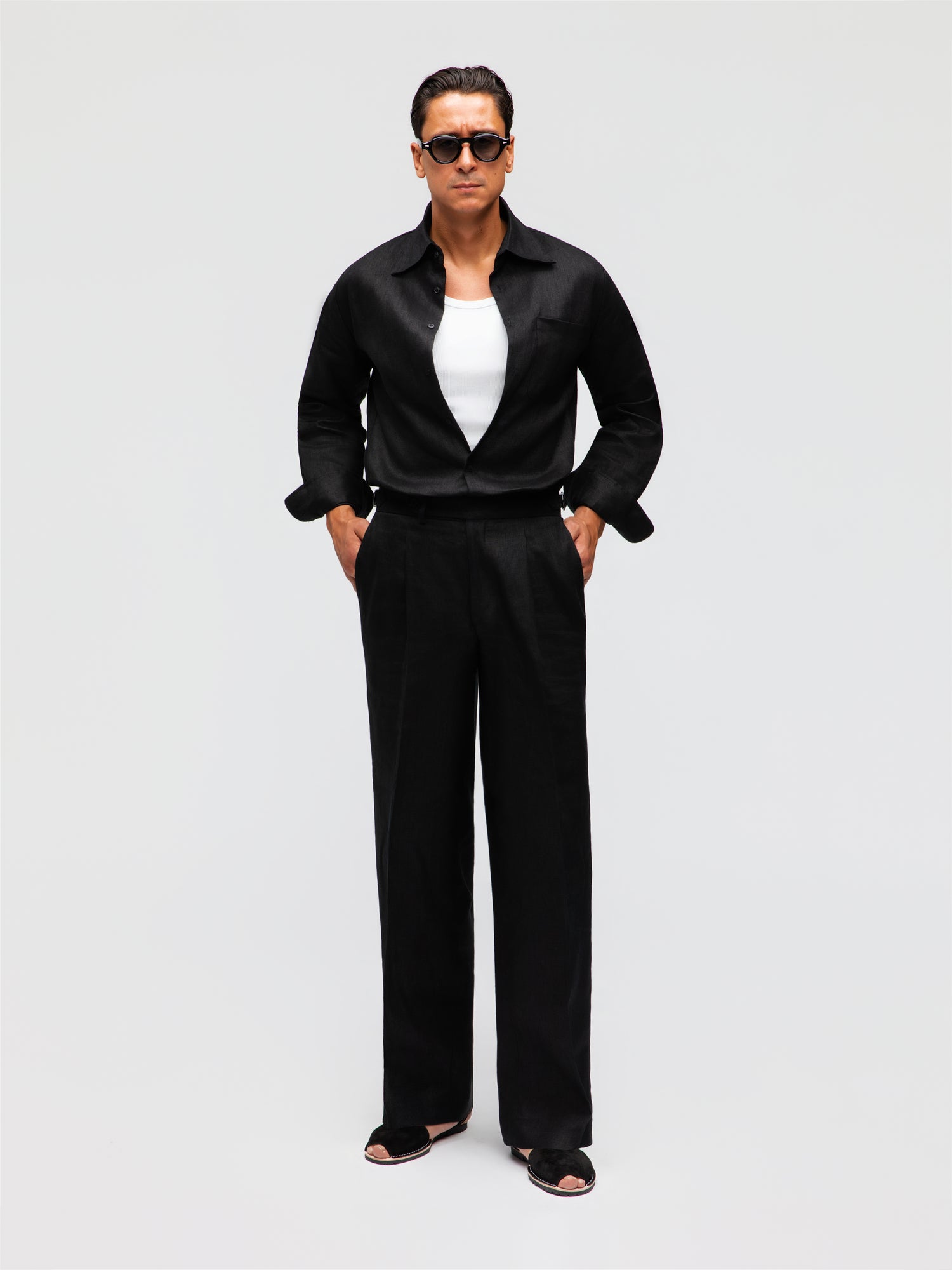 Black Linen Trousers (Wide Fit)