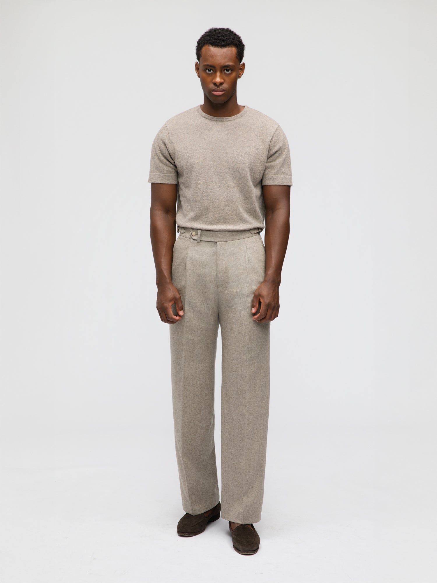 Taupe Flannel Wool Trousers (Wide Fit) - Grand Le Mar