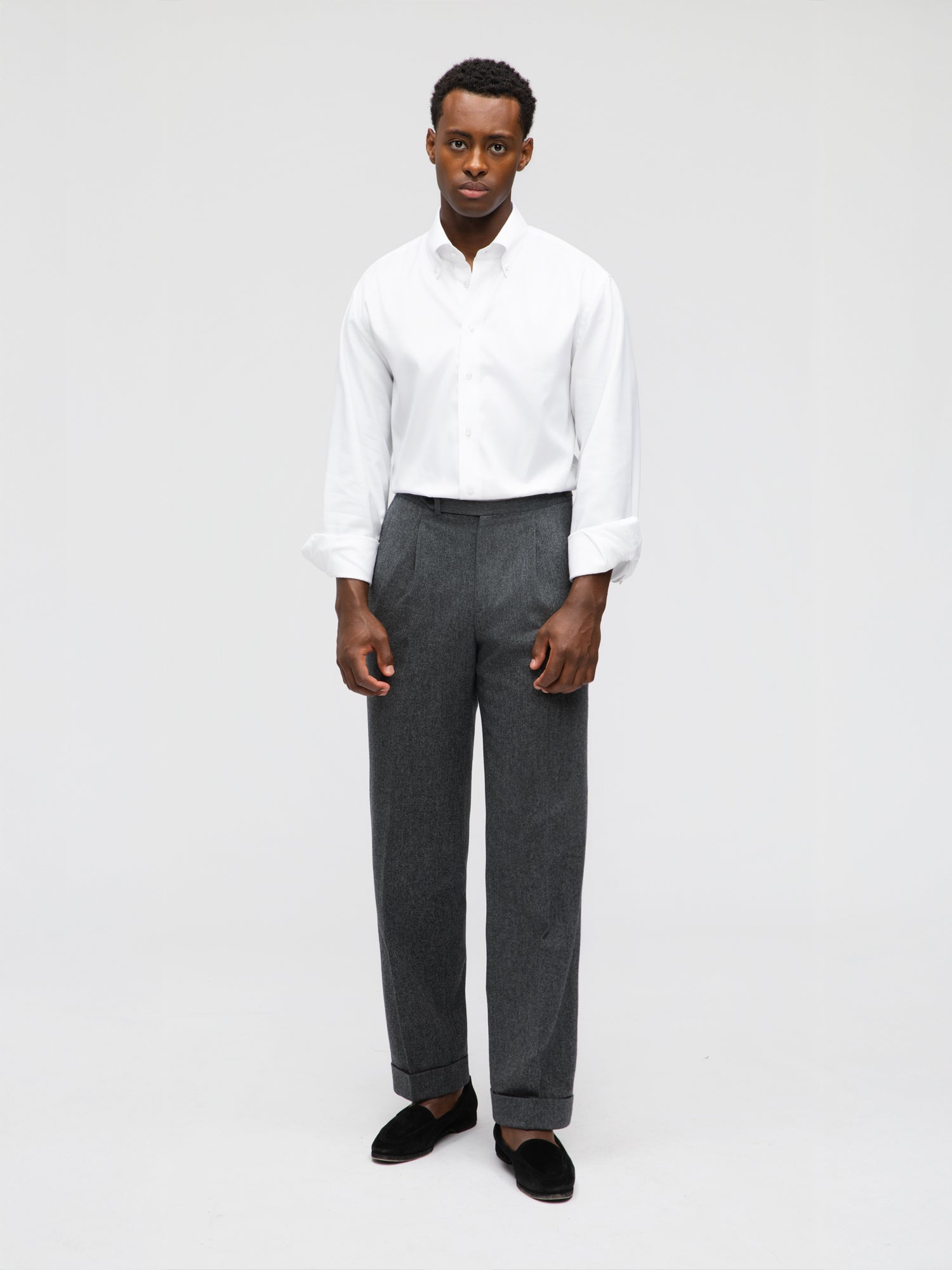 Mid Grey Flannel Wool Trousers (Straight Fit) - Grand Le Mar