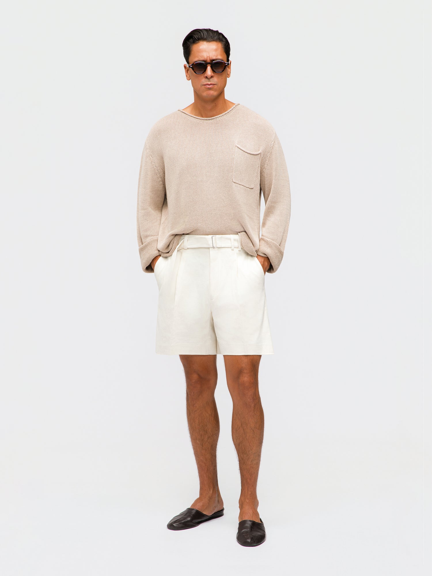 White Cotton Belted Shorts (Wide Fit)