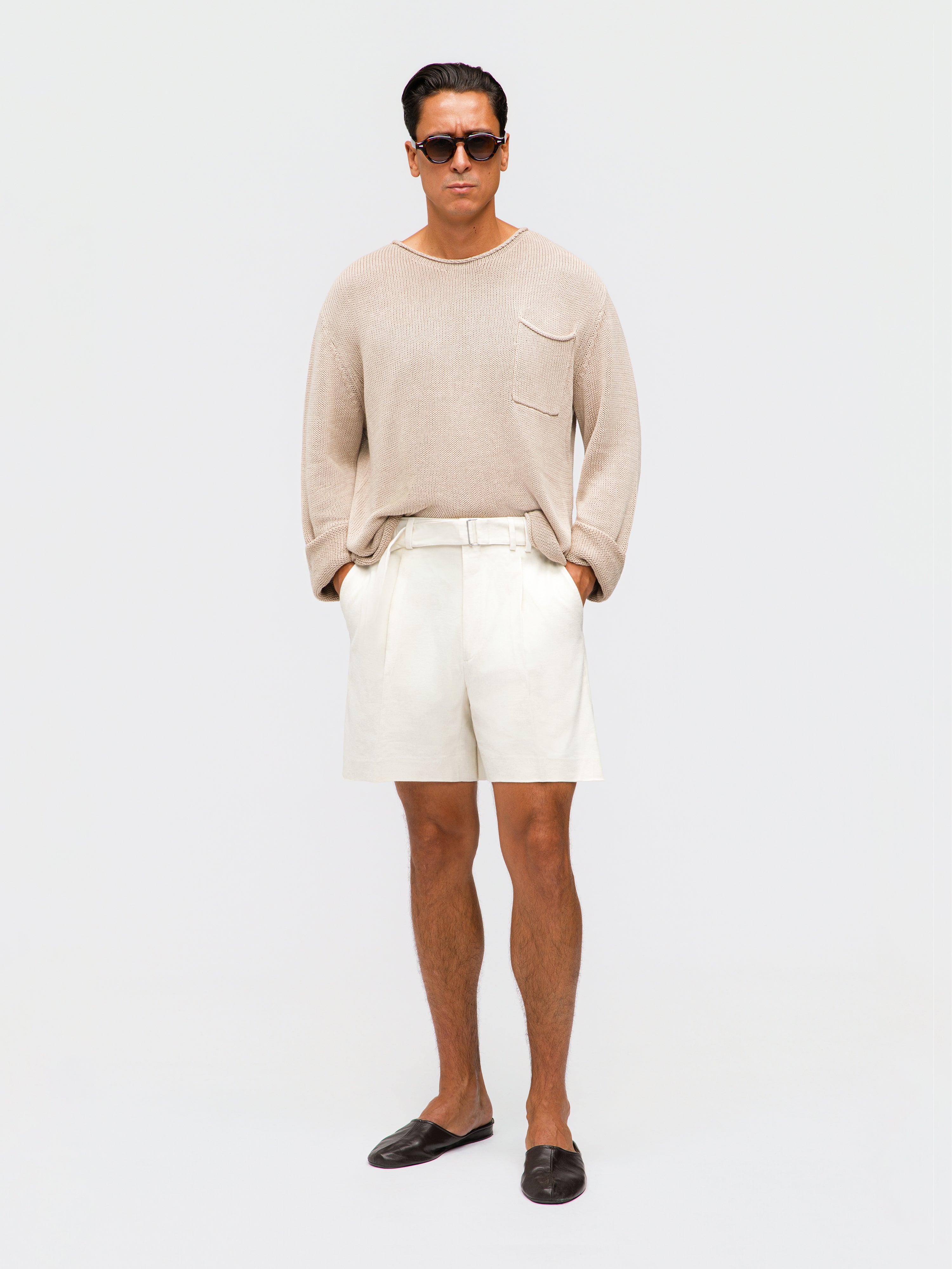 Taupe Cotton Linen Roll Neck