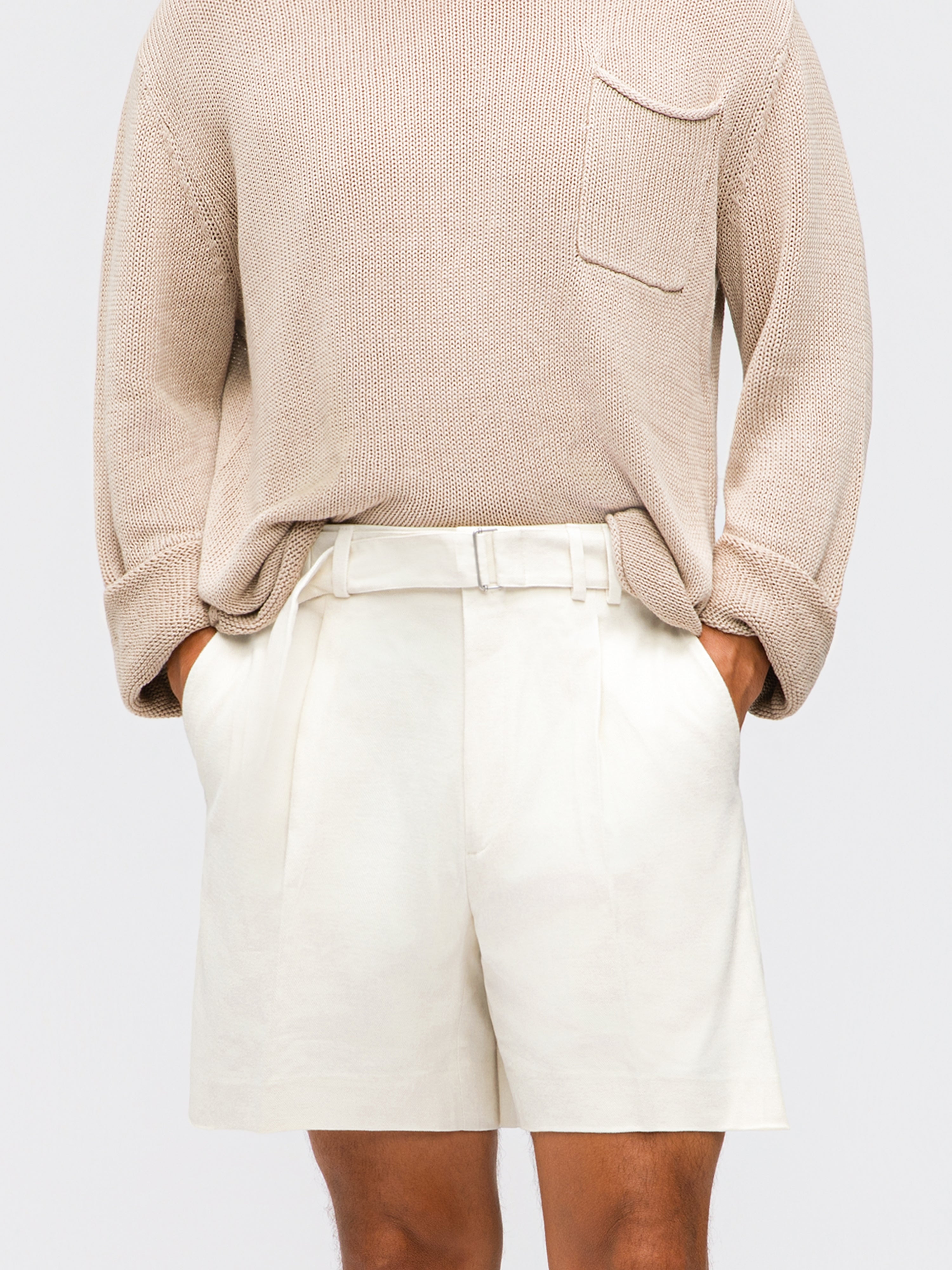 White Cotton Belted Shorts (Wide Fit)