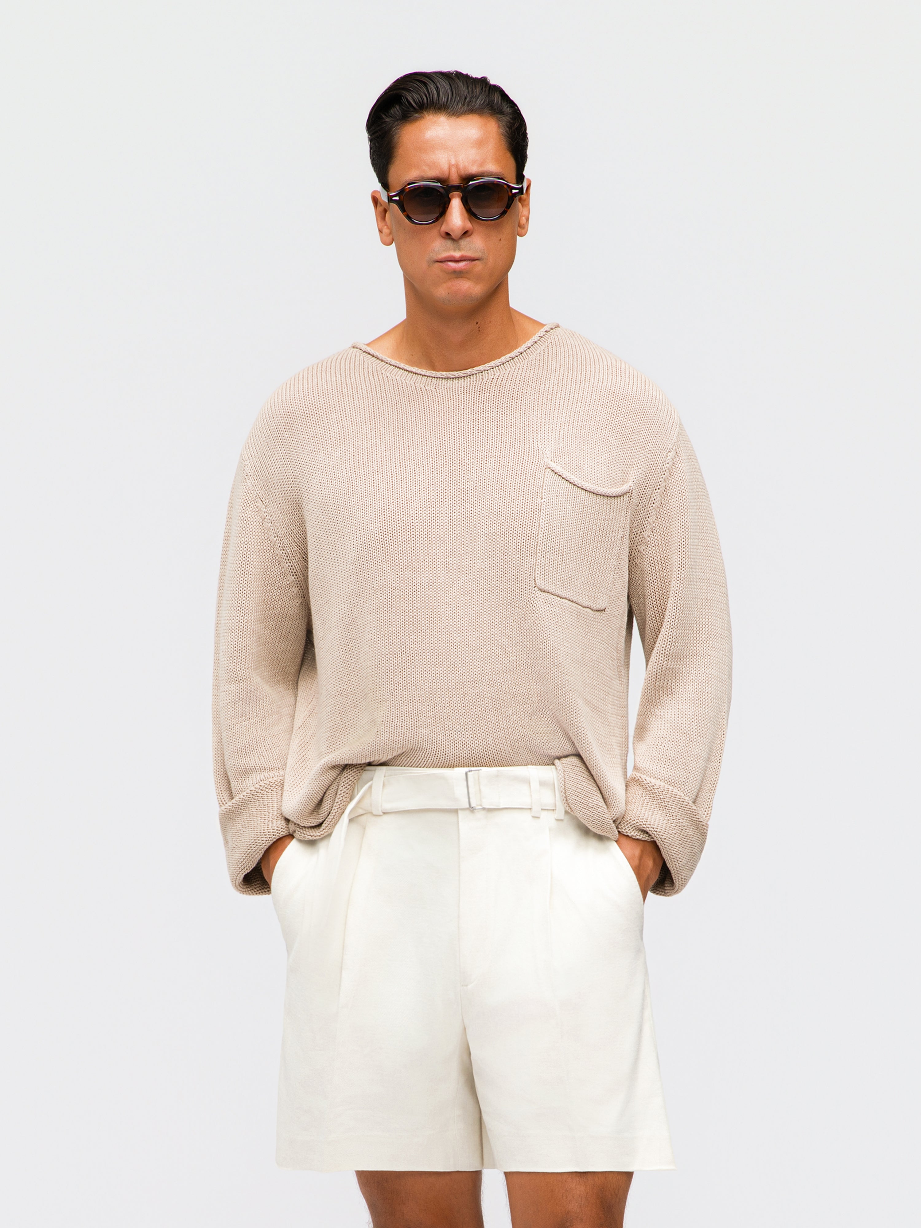 Taupe Cotton Linen Roll Neck