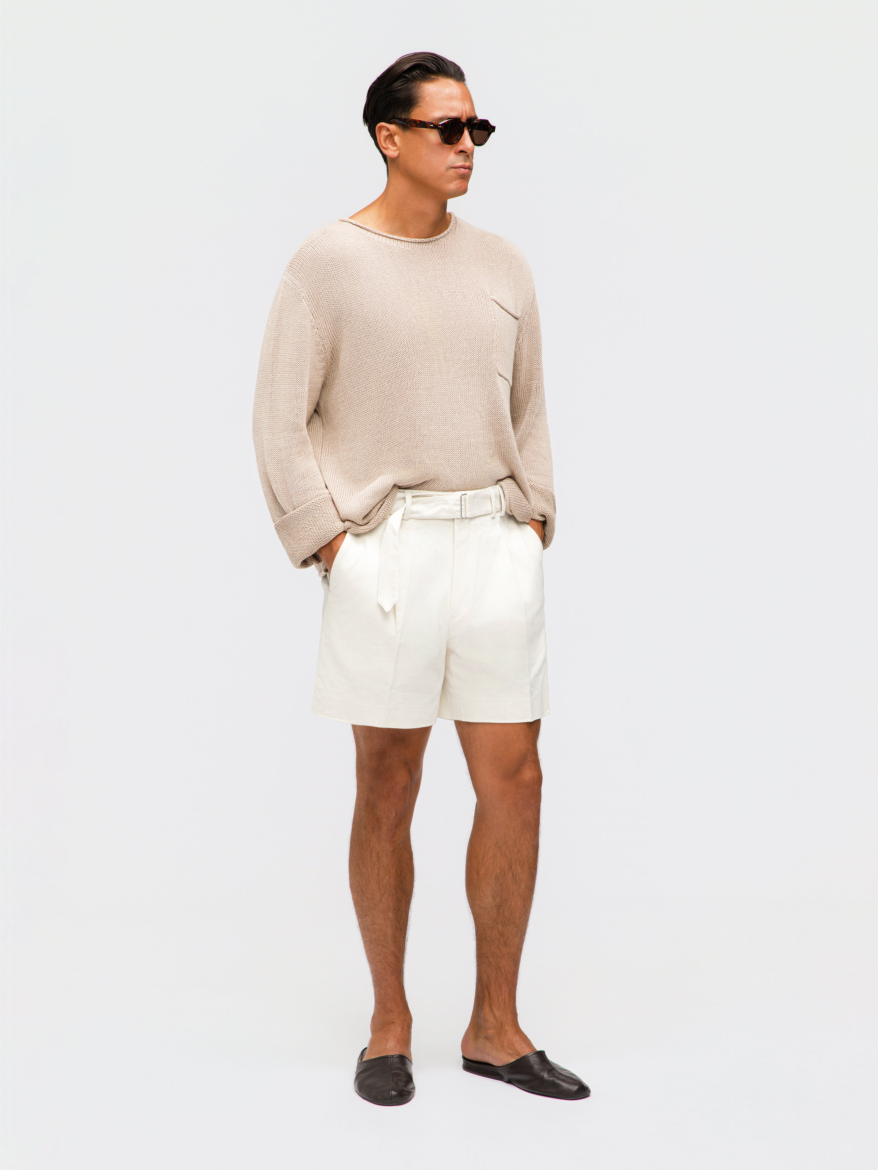 White Cotton Belted Shorts (Wide Fit)