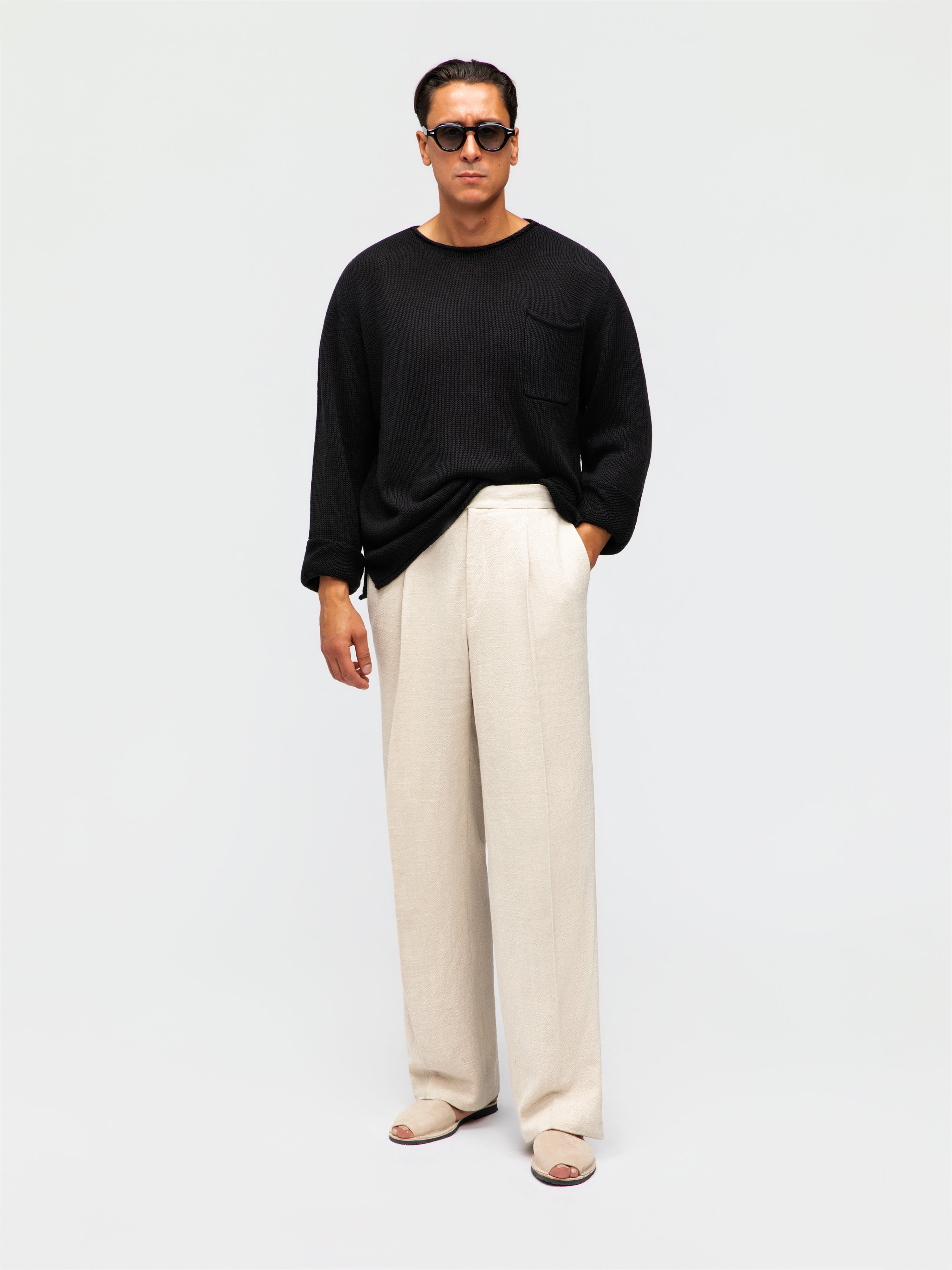 Black Cotton Linen Roll Neck