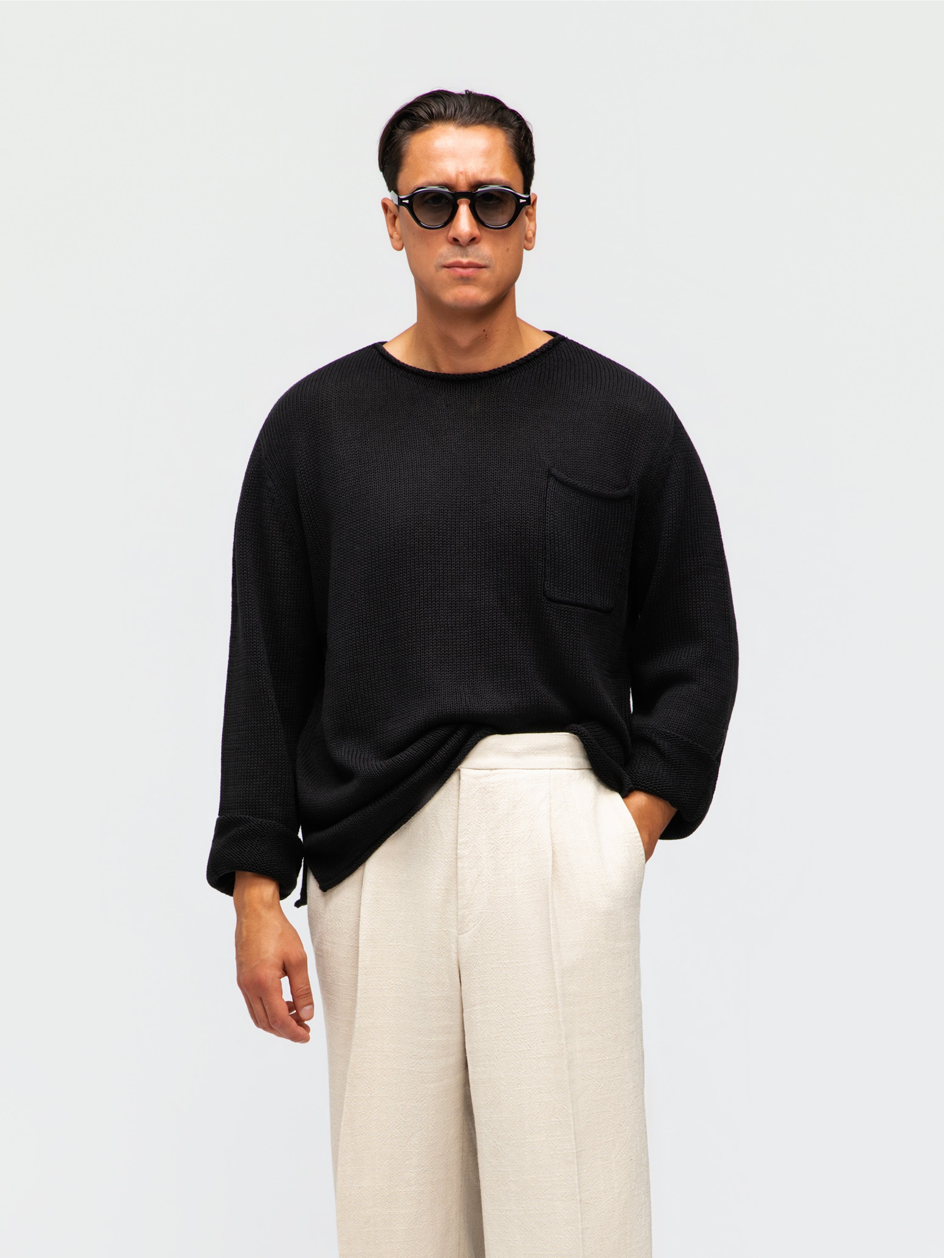 Black Cotton Linen Roll Neck