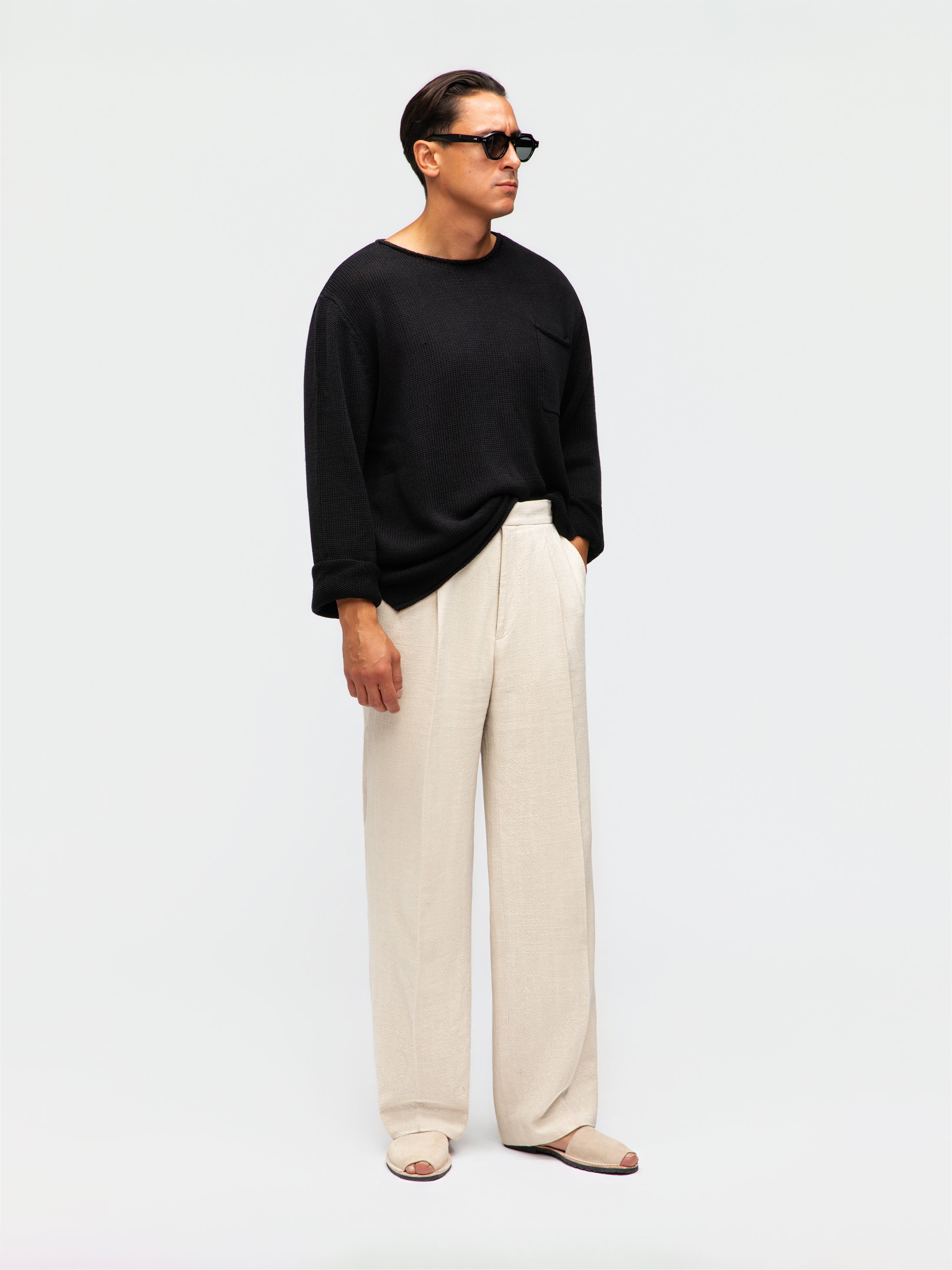 Black Cotton Linen Roll Neck