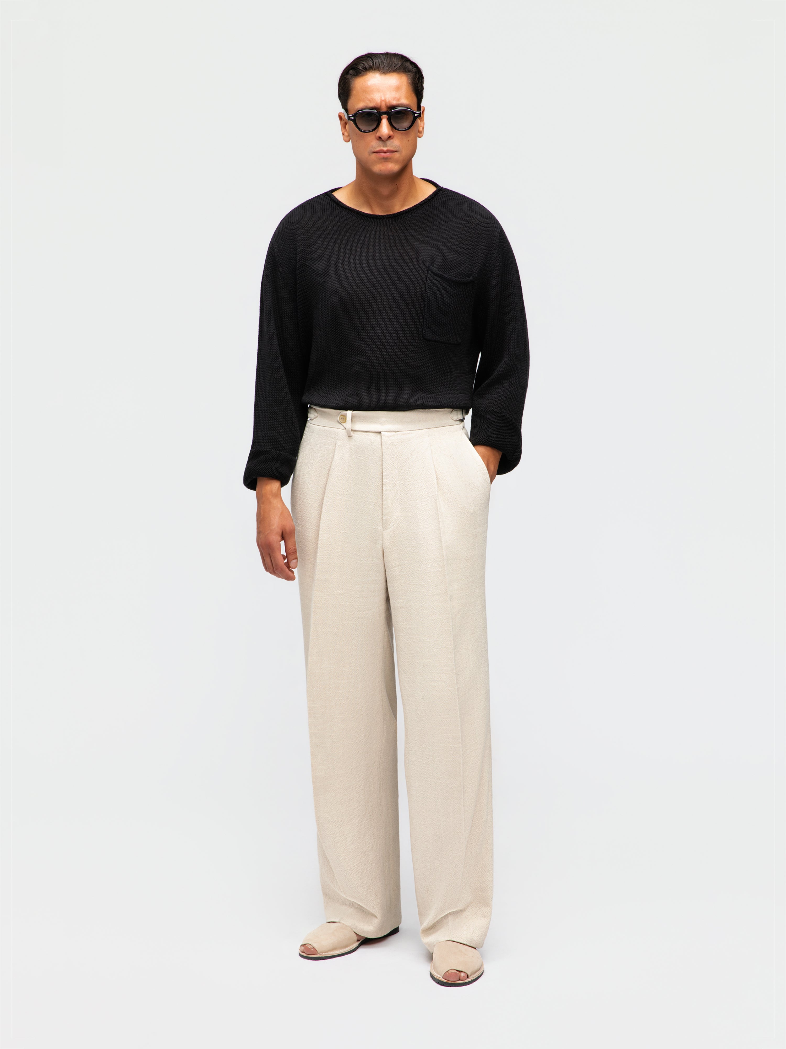 Cream Stonewashed Linen Trousers (Wide Fit)
