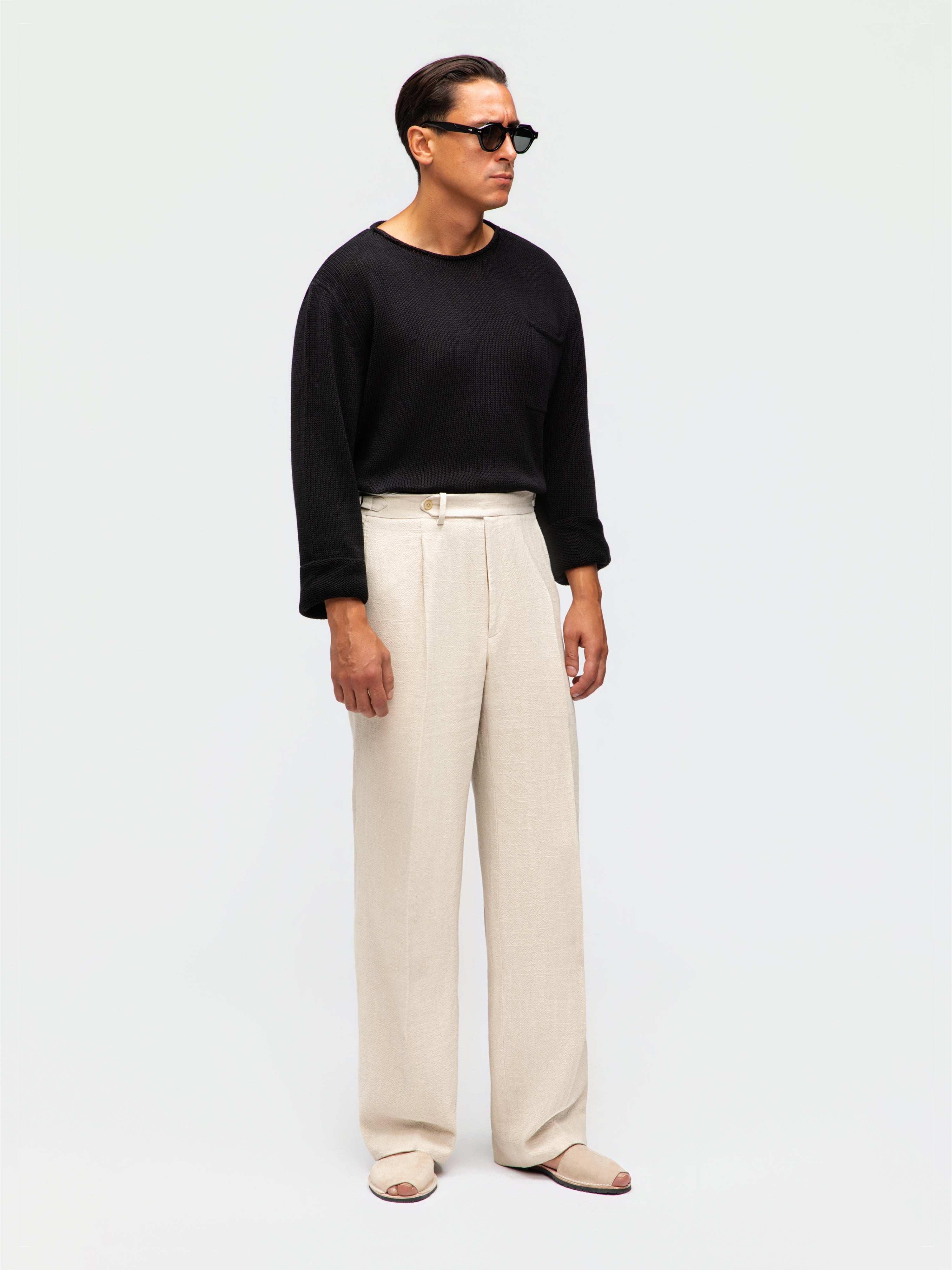 Cream Stonewashed Linen Trousers (Wide Fit)