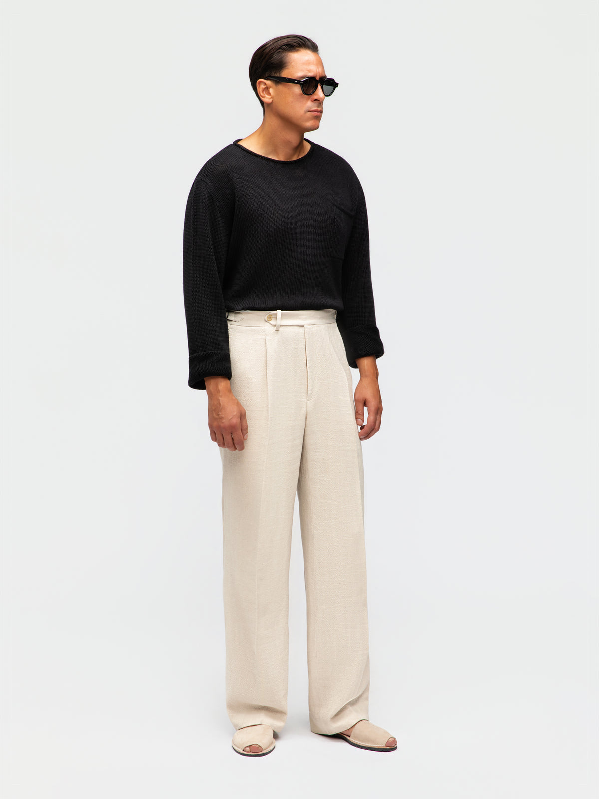 Cream Stonewashed Linen Trousers (Wide Fit)