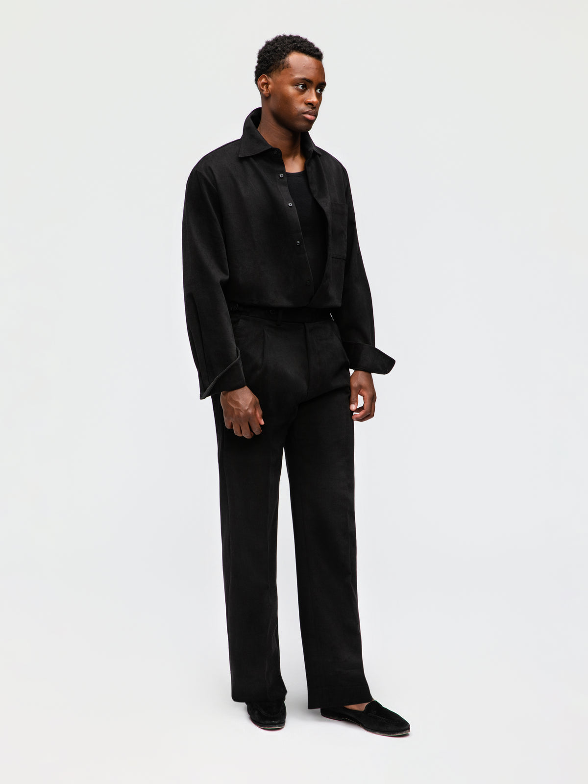 Black Brushed Cotton Trousers (Wide Fit)