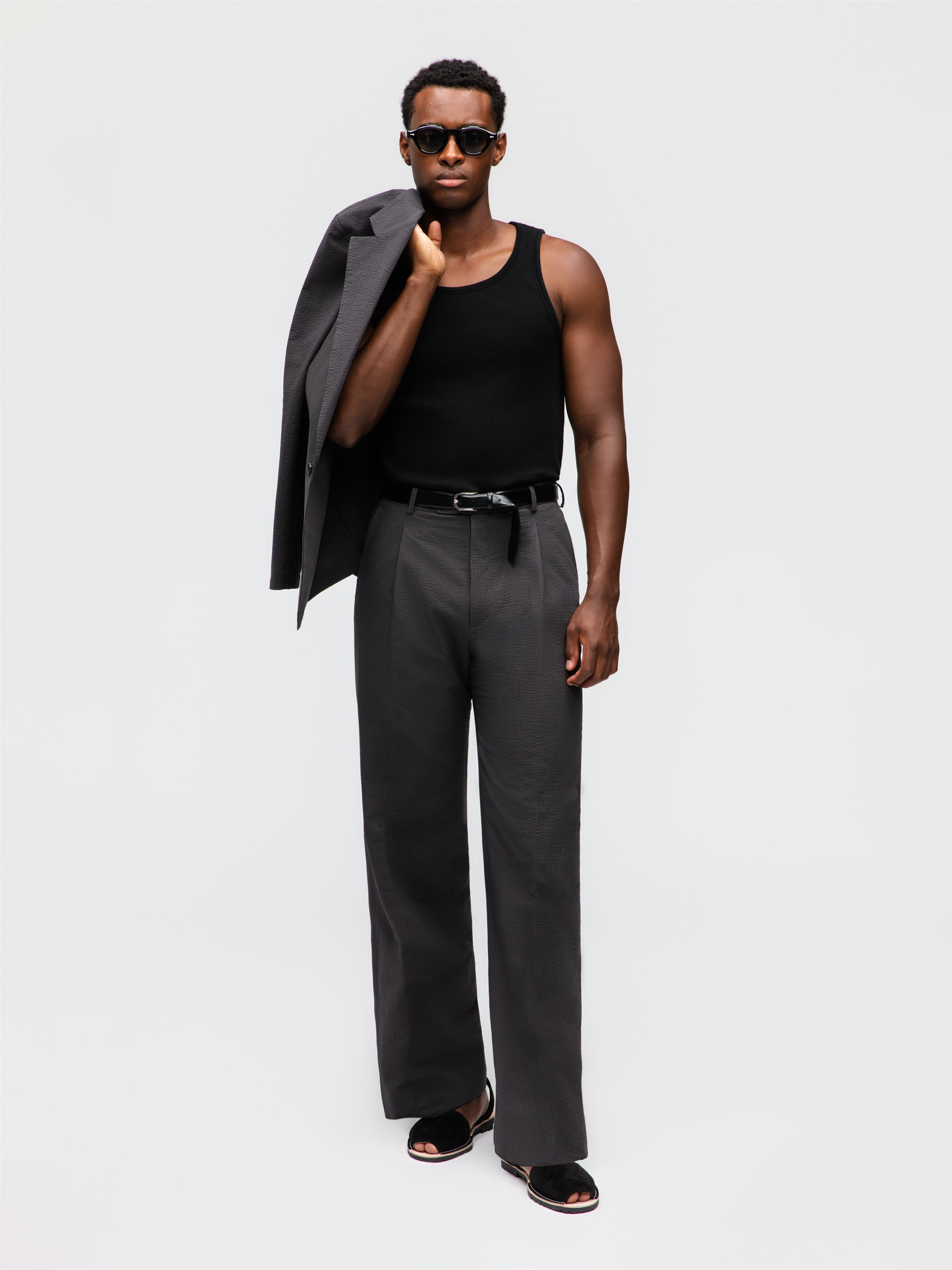 Dark Grey Seersucker Trousers (Wide Fit)