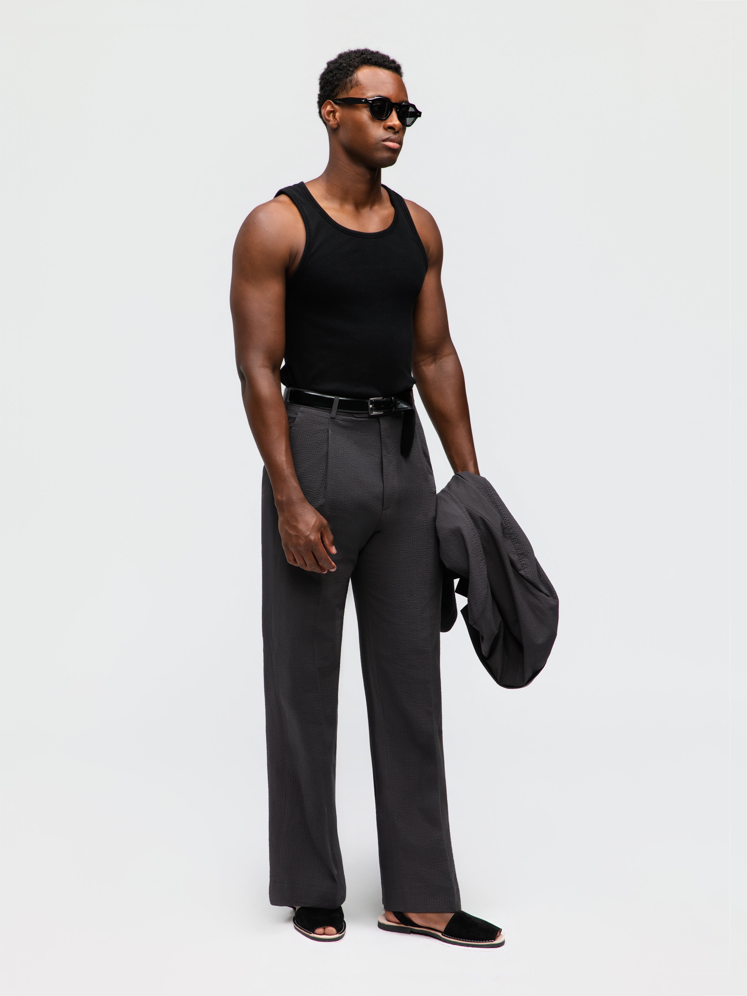 Dark Grey Seersucker Trousers (Wide Fit)