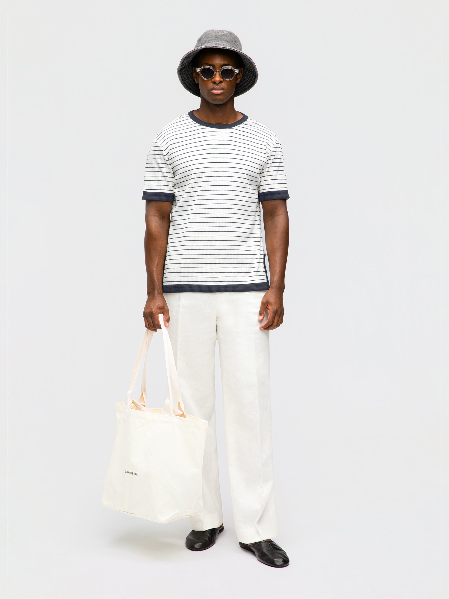 Navy White Piped Cotton T-Shirt