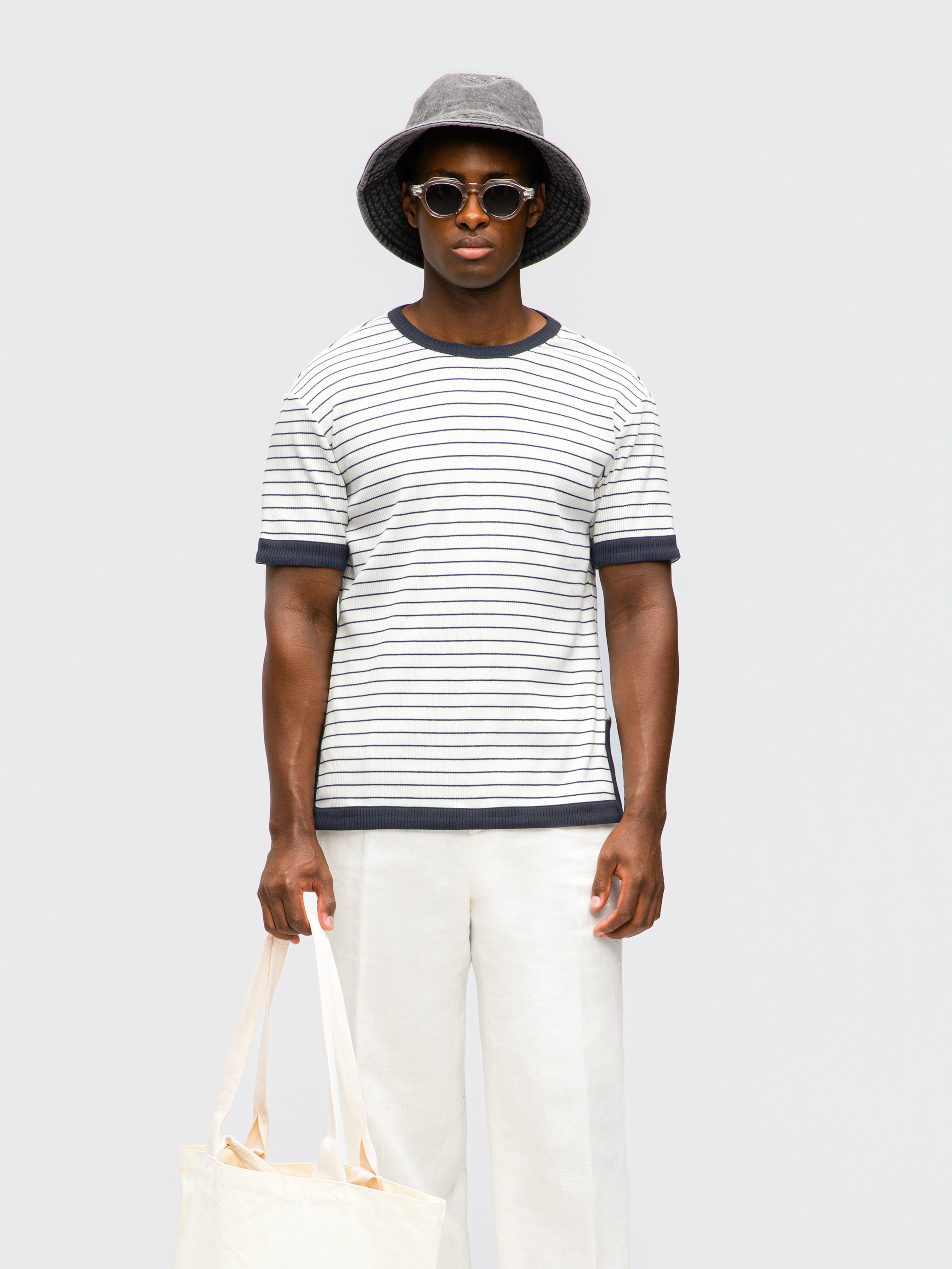 Navy White Piped Cotton T-Shirt