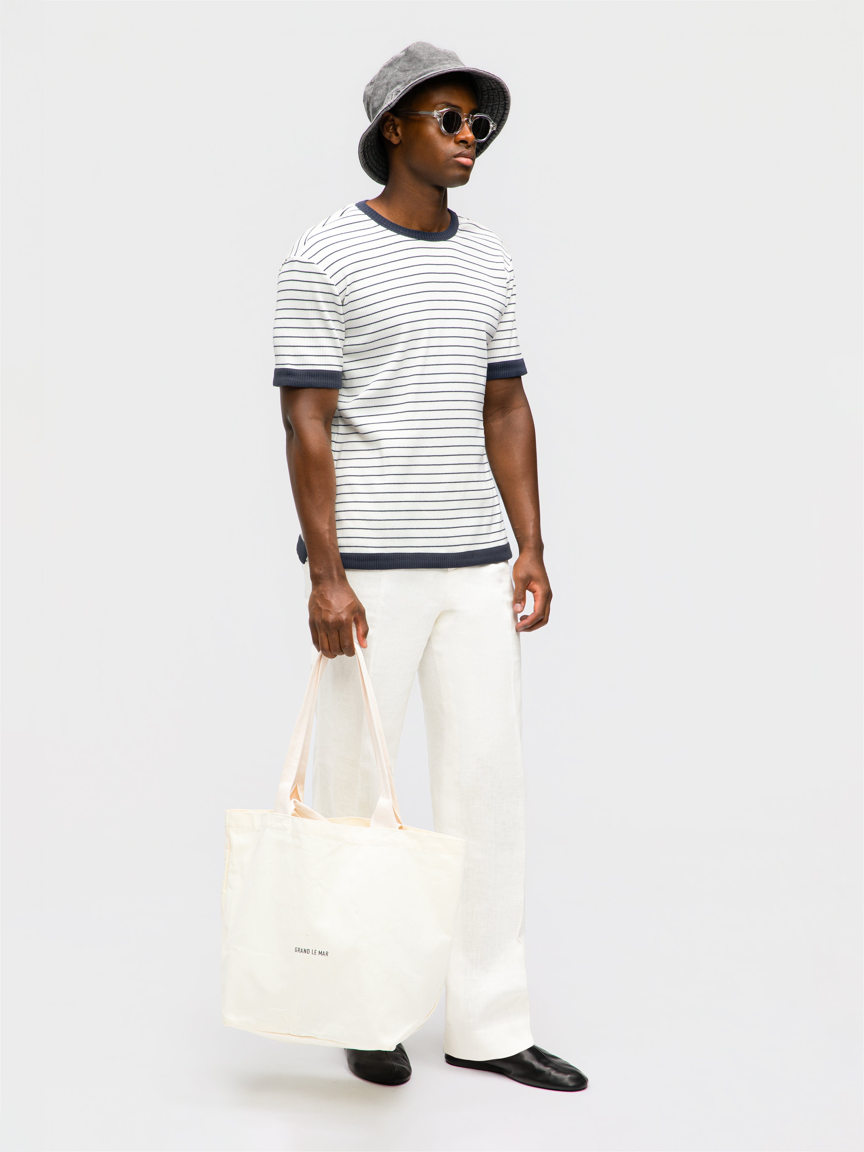 Navy White Piped Cotton T-Shirt