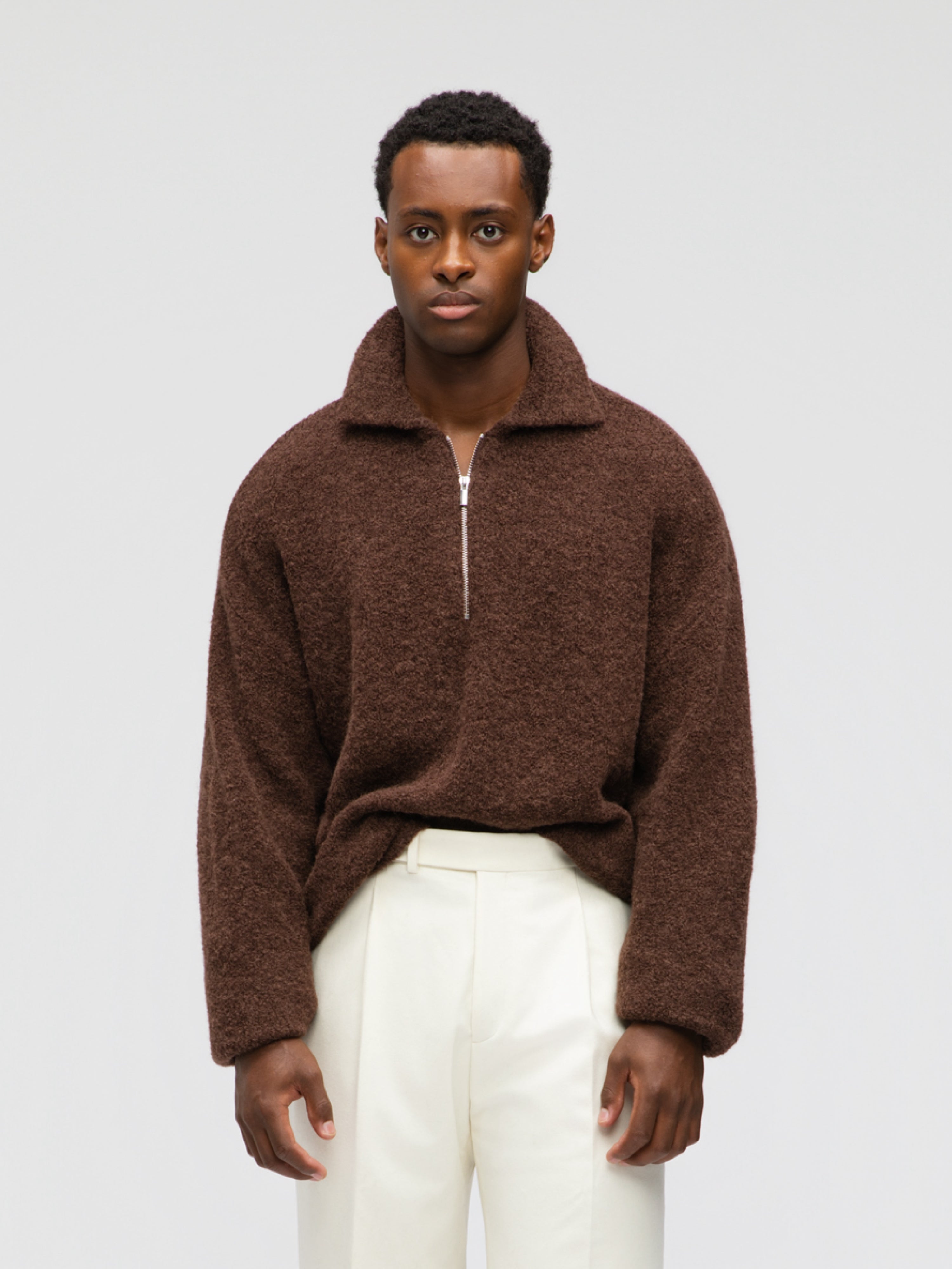 Brown Bouclé Half Zip - Grand Le Mar
