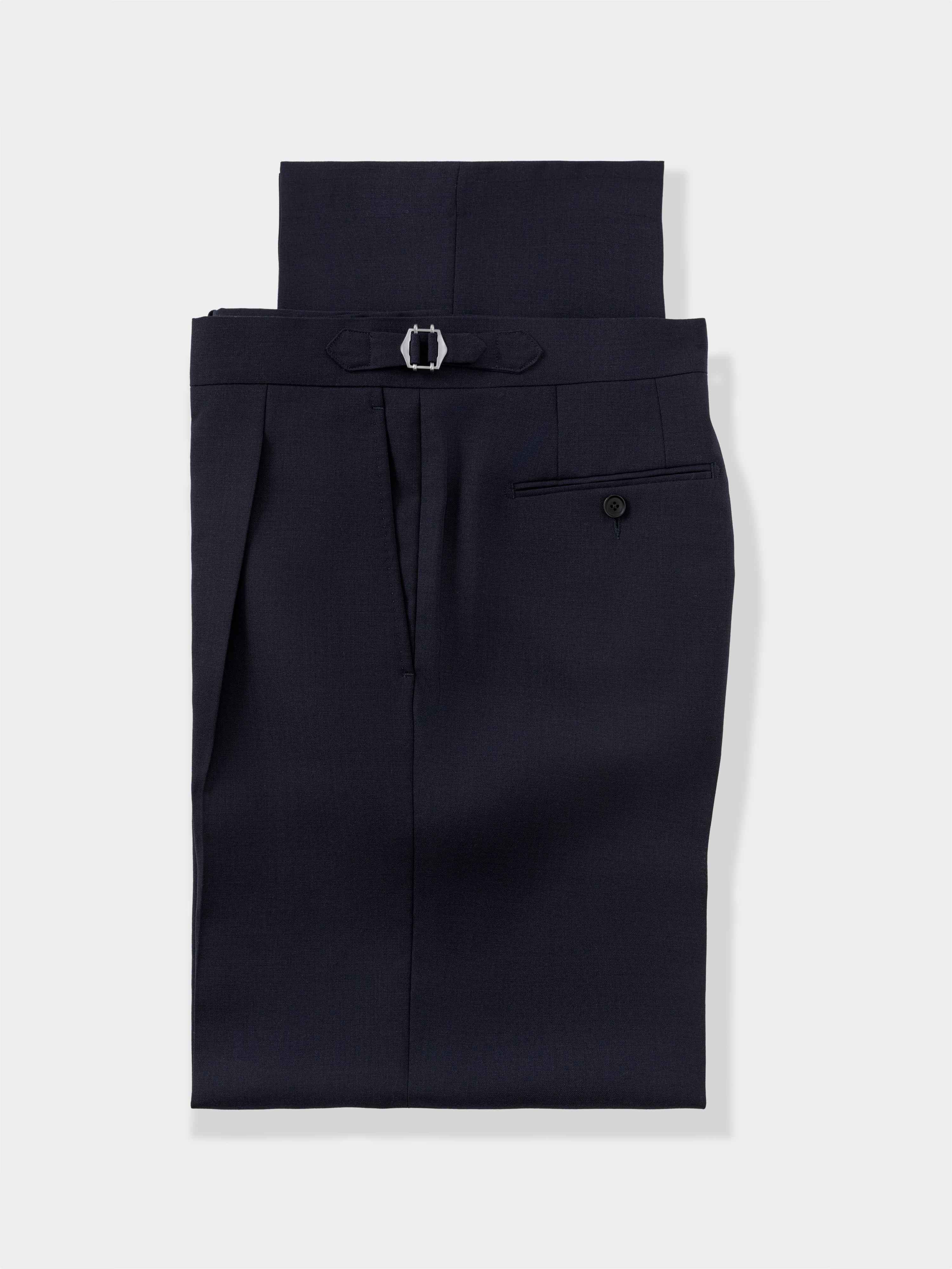 Navy High Twist Wool Trousers (Wide Fit)