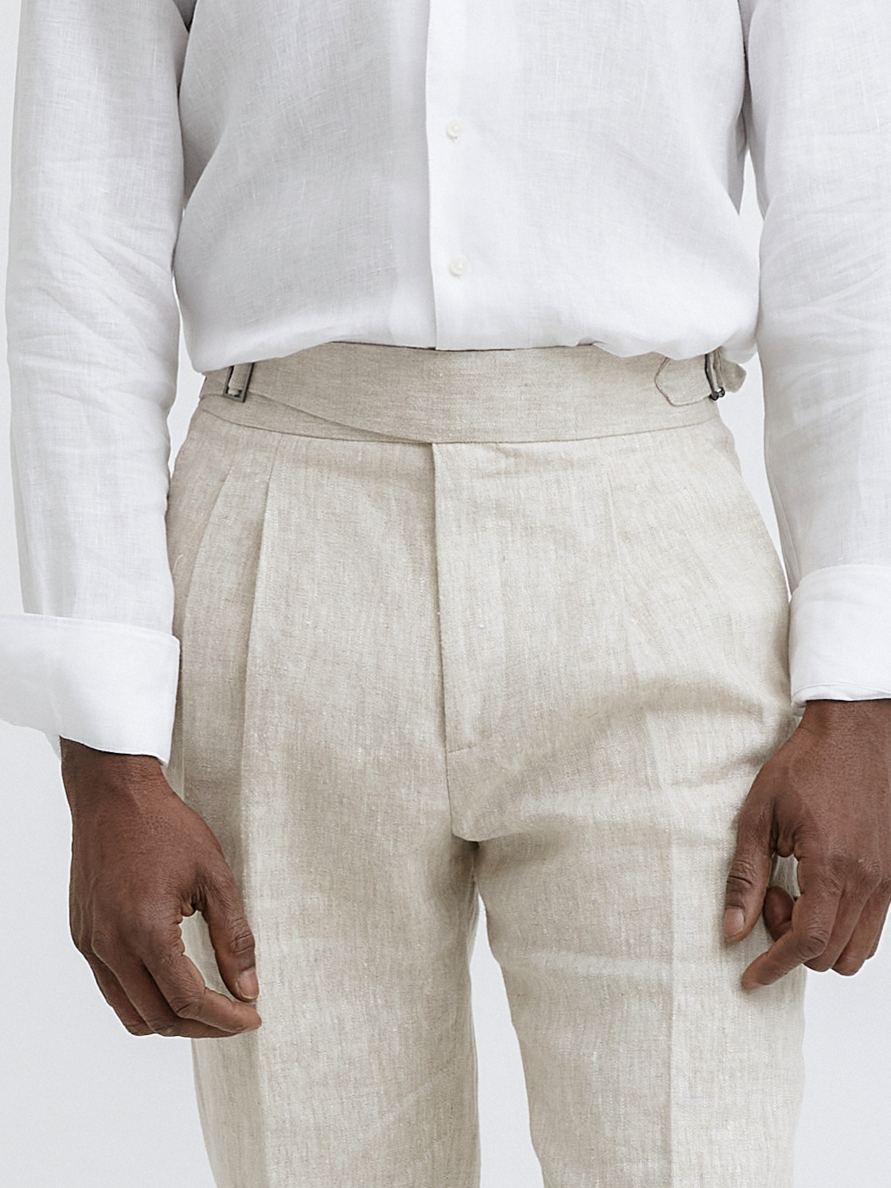 Beige Linen Gurkha Trousers (Tapered Fit) - Grand Le Mar